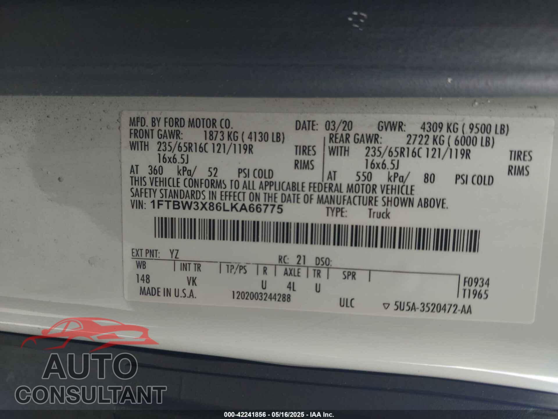FORD TRANSIT-350 CARGO VAN 2020 - 1FTBW3X86LKA66775