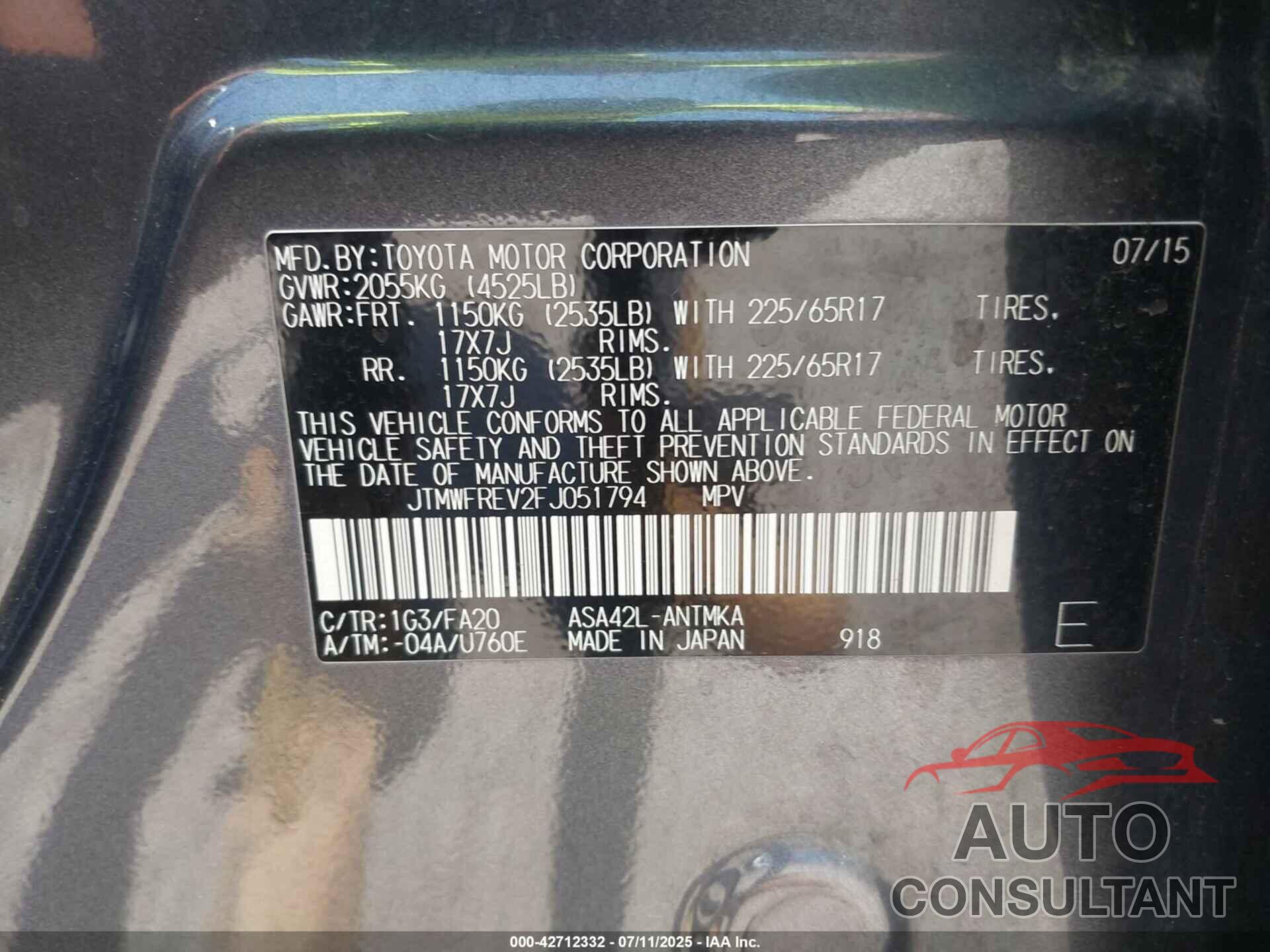 TOYOTA RAV4 2015 - JTMWFREV2FJ051794
