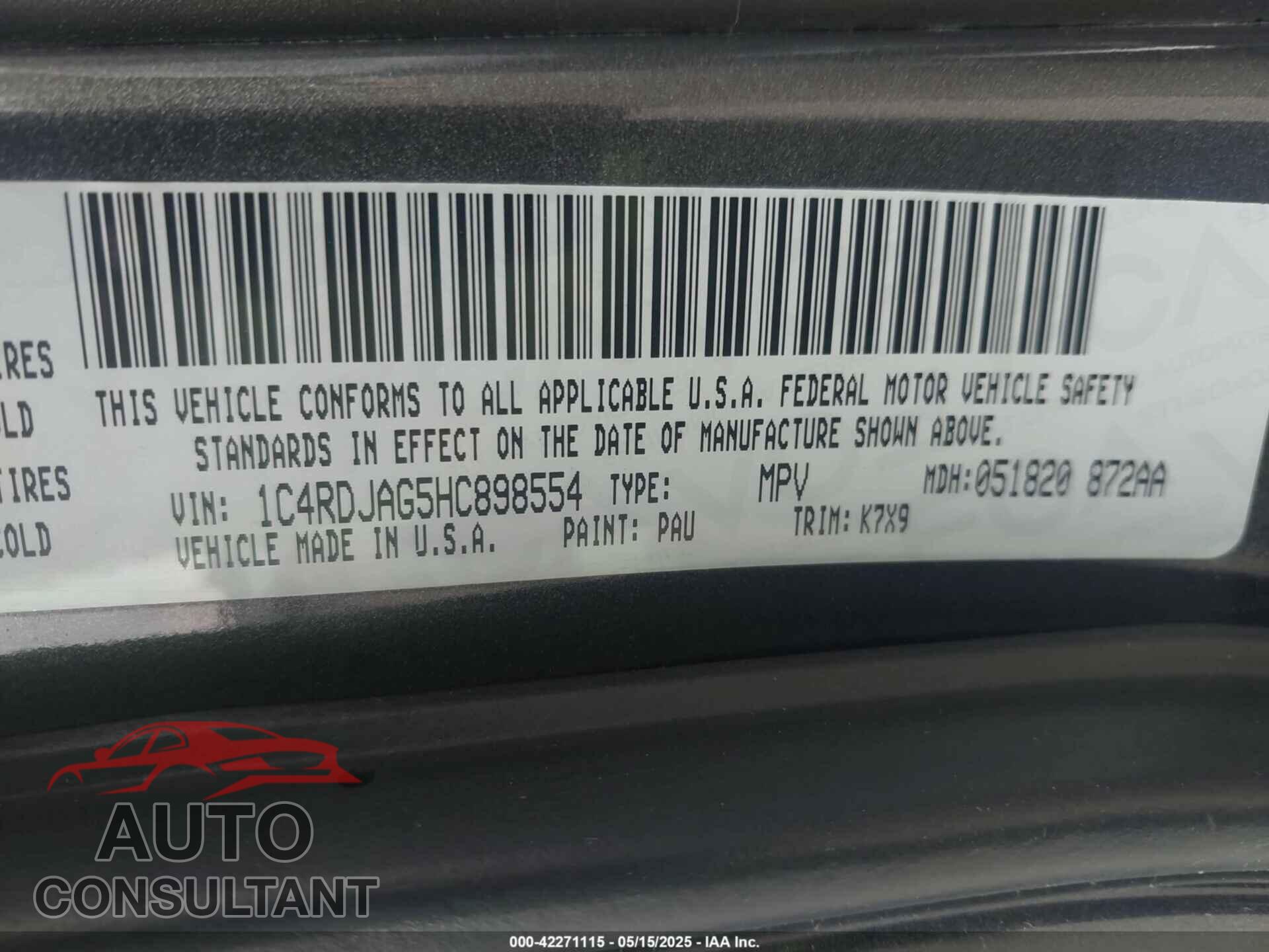 DODGE DURANGO 2017 - 1C4RDJAG5HC898554