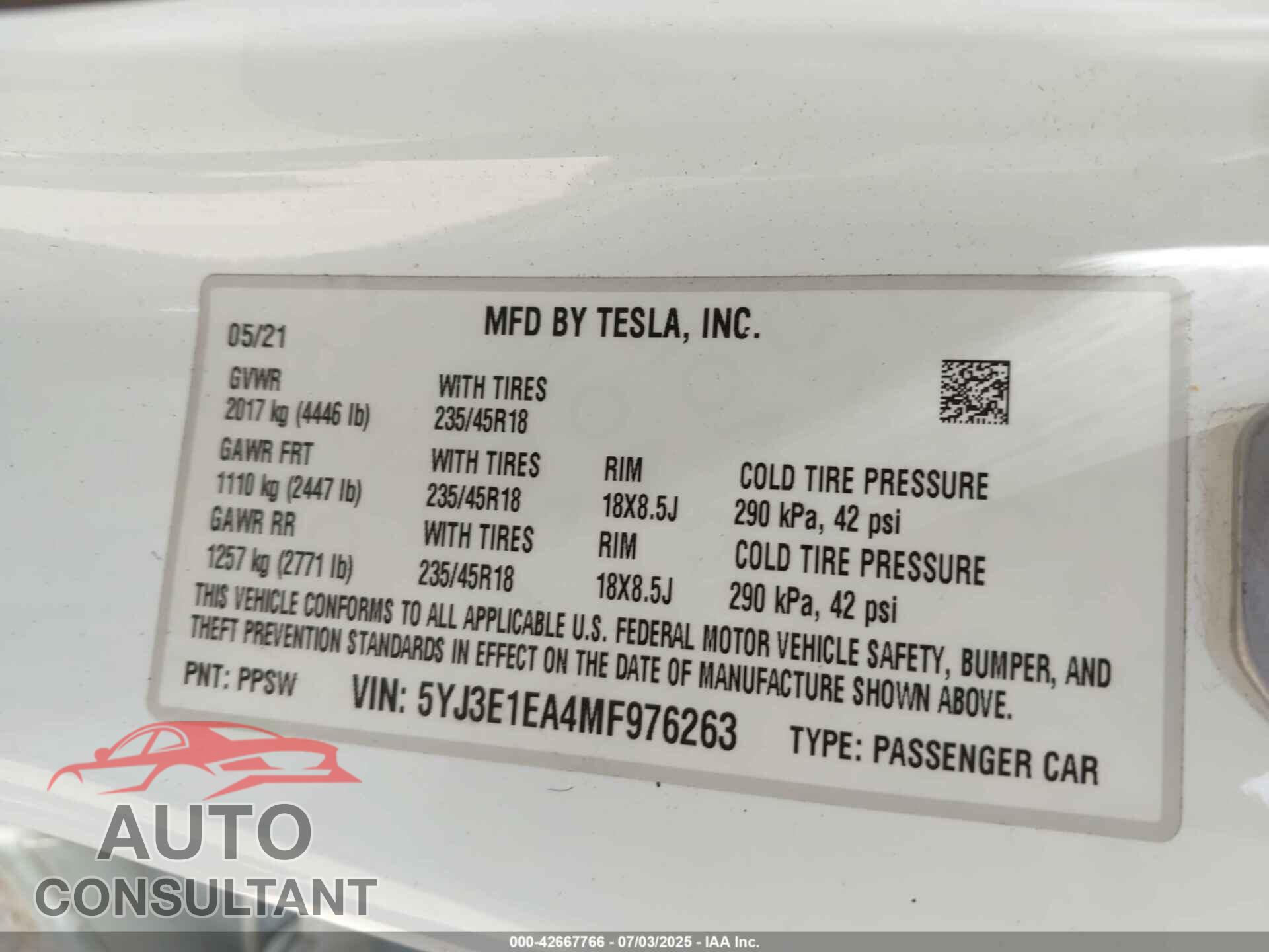 TESLA MODEL 3 2021 - 5YJ3E1EA4MF976263