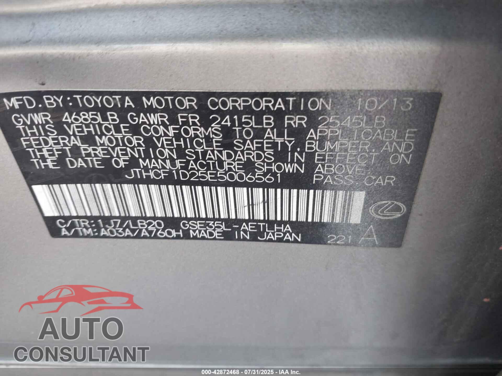 LEXUS IS 250 2014 - JTHCF1D25E5006561