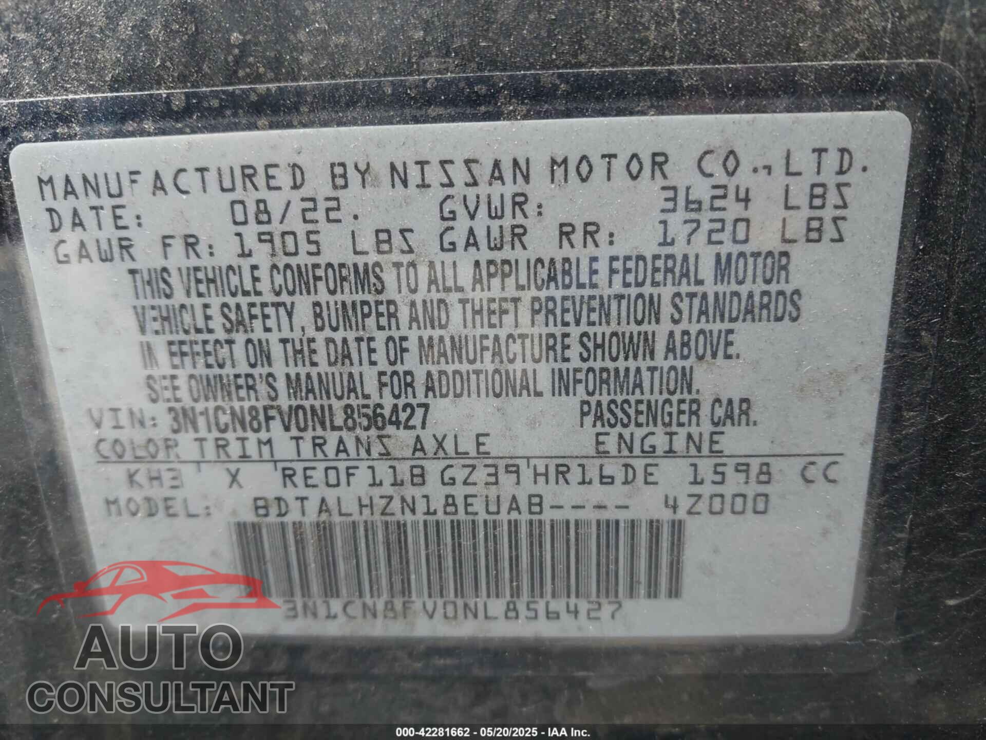 NISSAN VERSA 2022 - 3N1CN8FV0NL856427