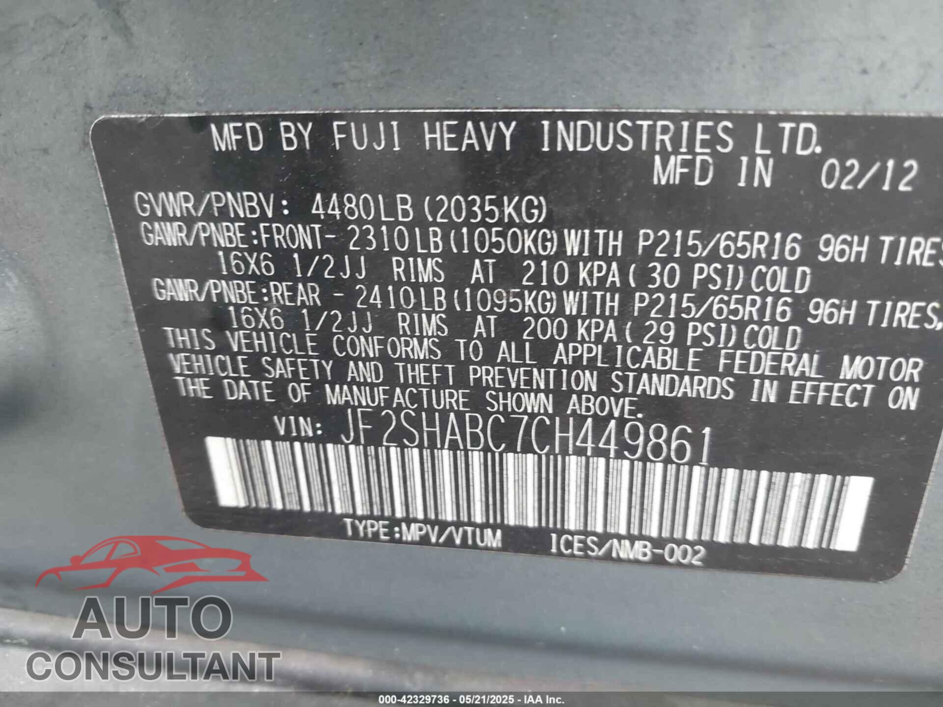 SUBARU FORESTER 2012 - JF2SHABC7CH449861