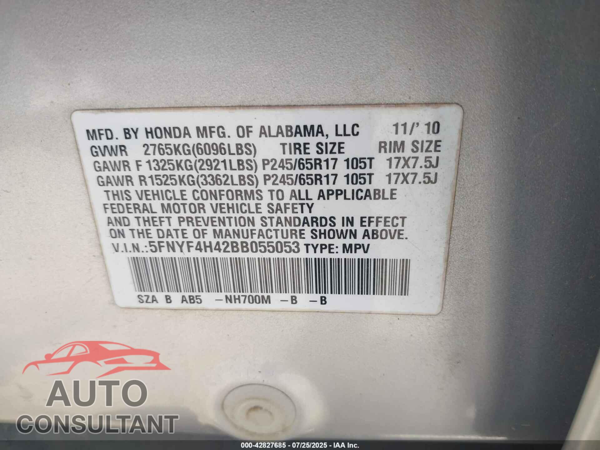 HONDA PILOT 2011 - 5FNYF4H42BB055053