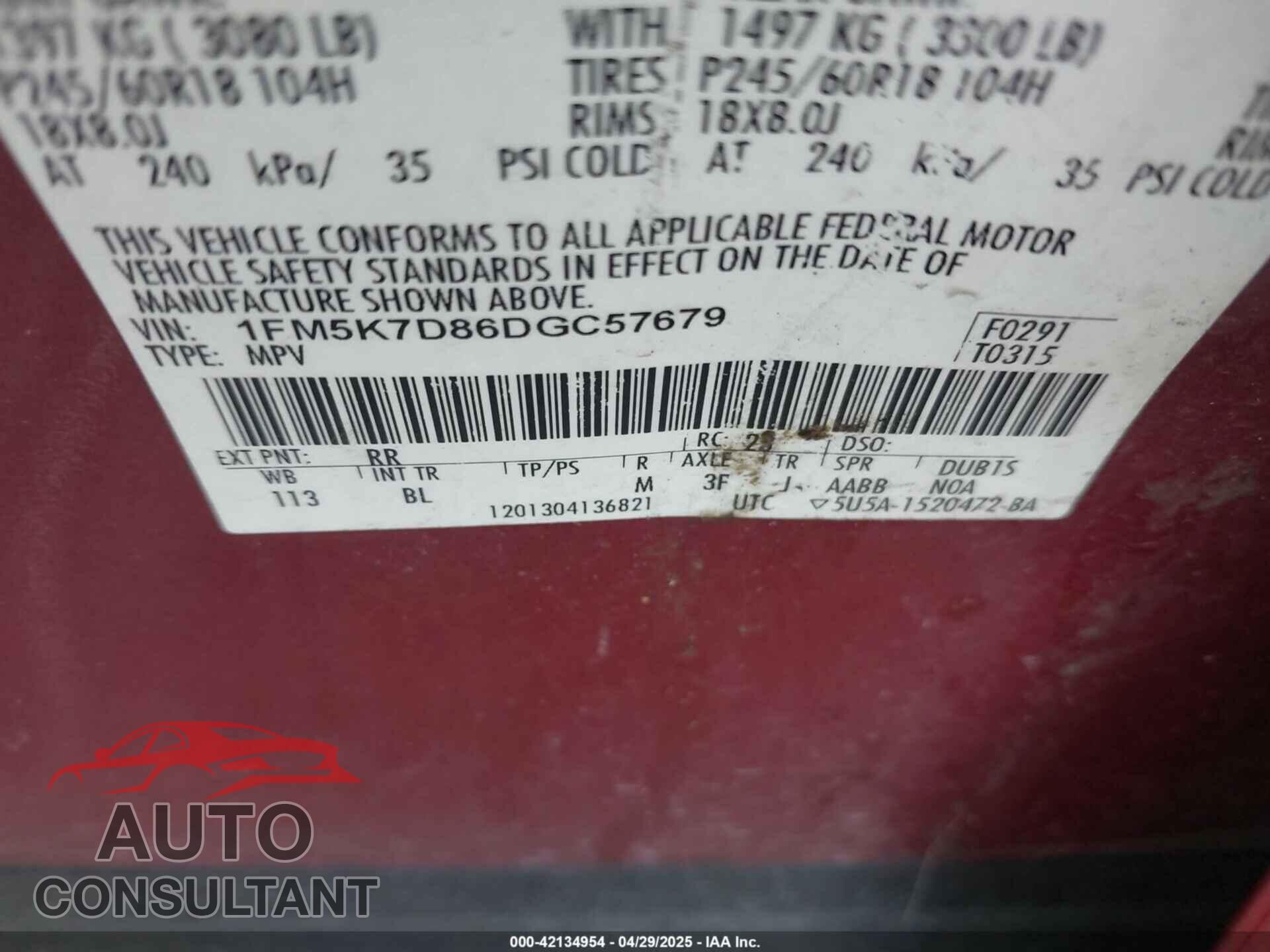 FORD EXPLORER 2013 - 1FM5K7D86DGC57679