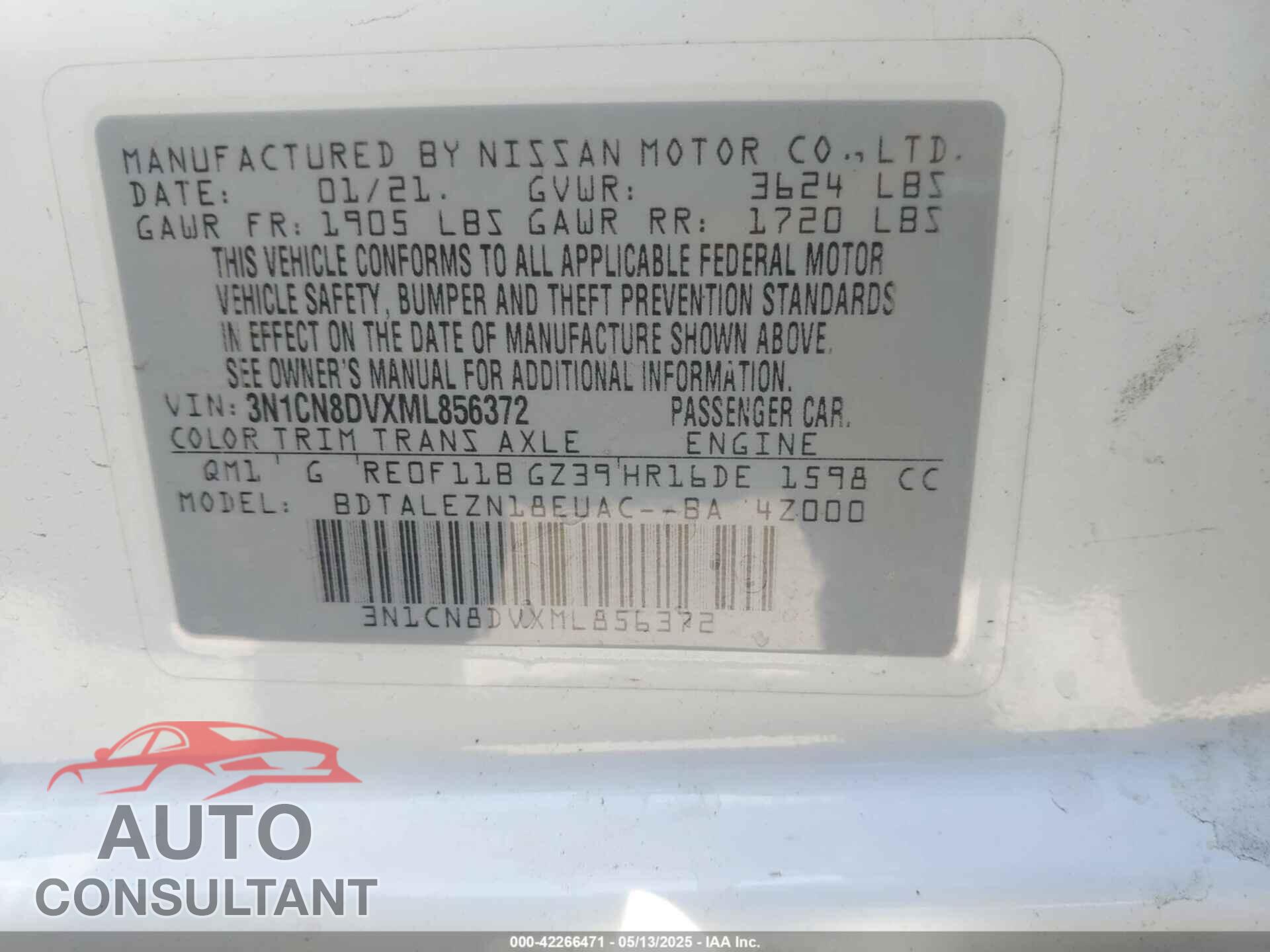 NISSAN VERSA 2021 - 3N1CN8DVXML856372