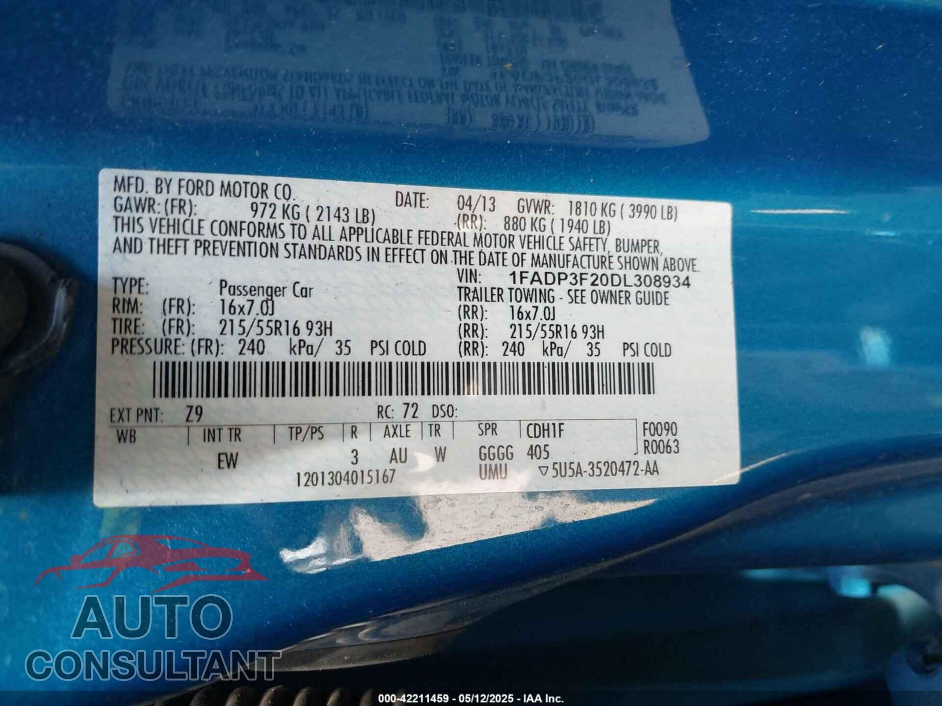 FORD FOCUS 2013 - 1FADP3F20DL308934