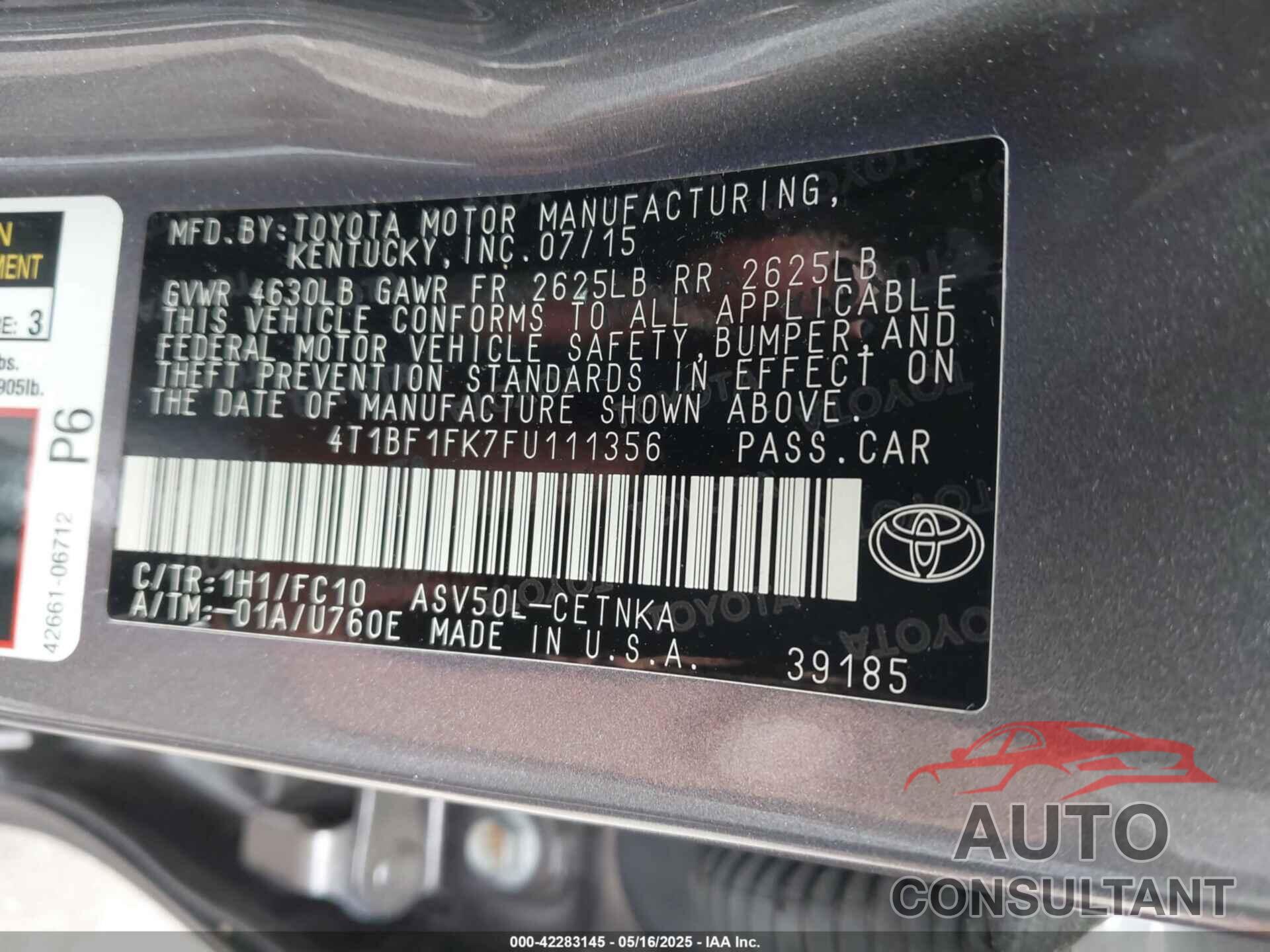 TOYOTA CAMRY 2015 - 4T1BF1FK7FU111356