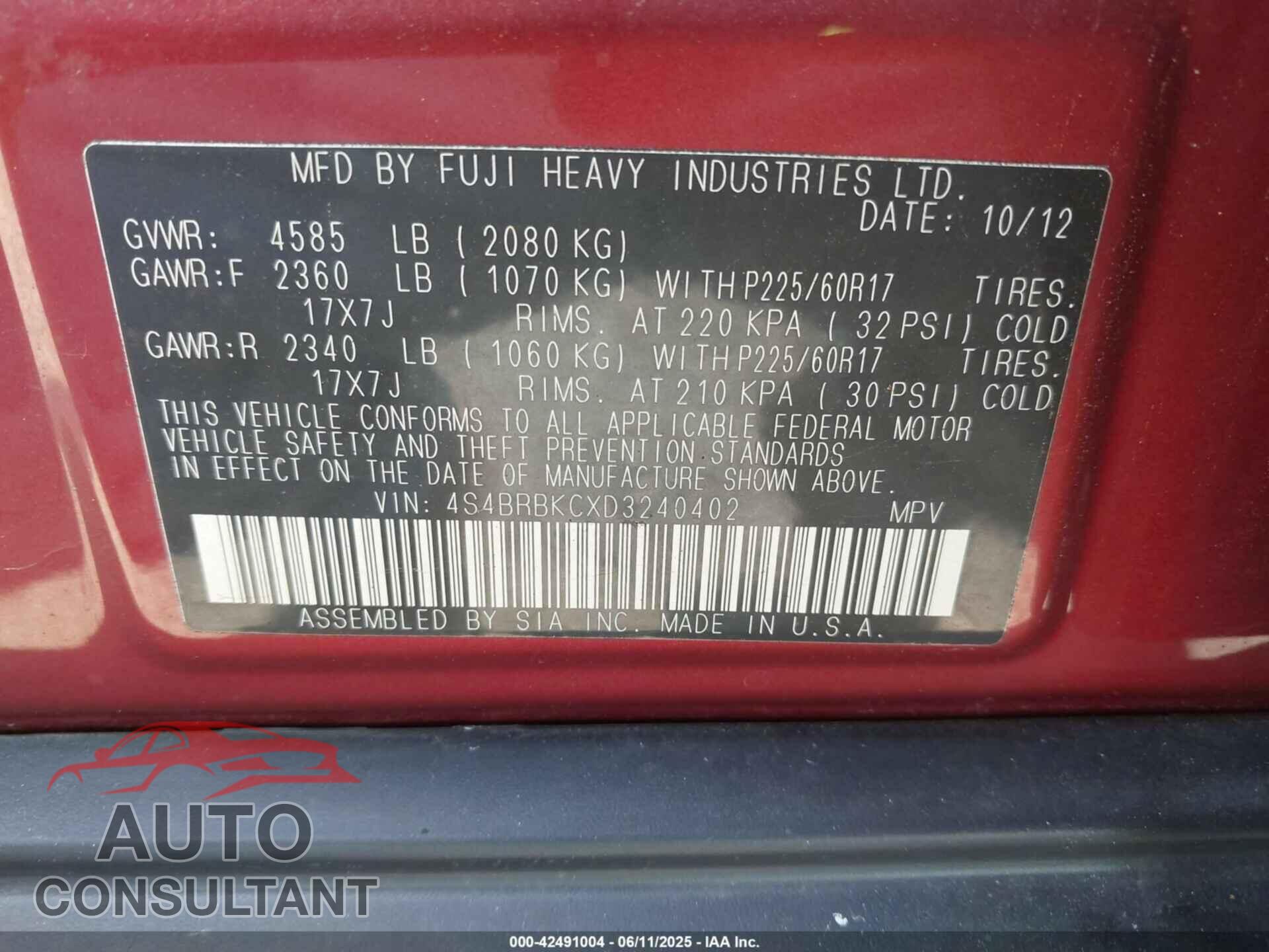 SUBARU OUTBACK 2013 - 4S4BRBKCXD3240402