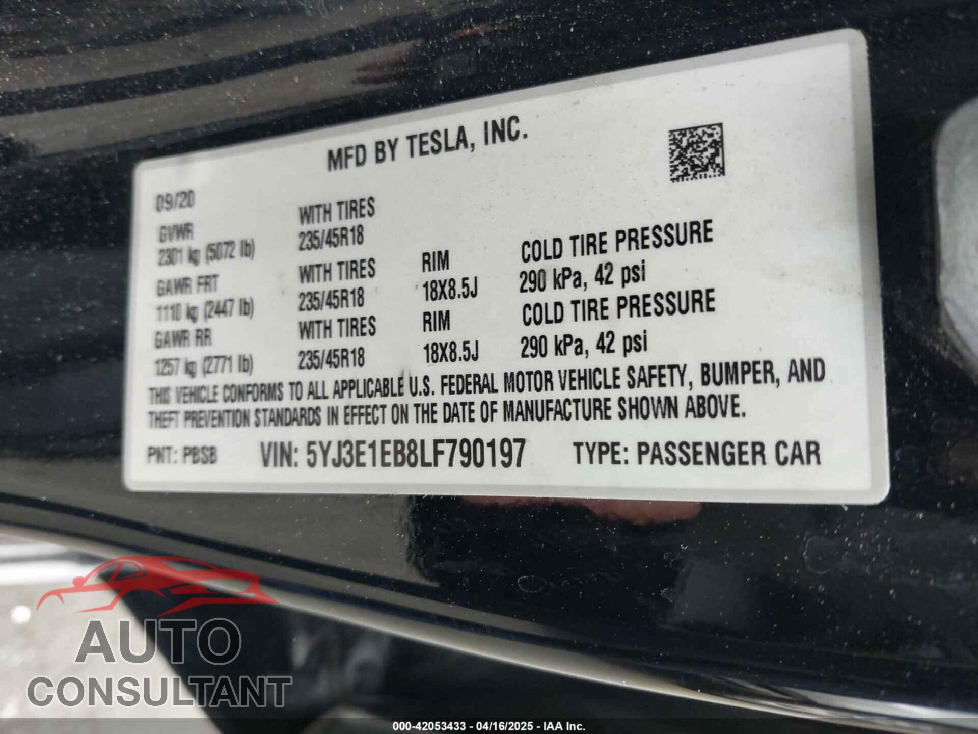 TESLA MODEL 3 2020 - 5YJ3E1EB8LF790197
