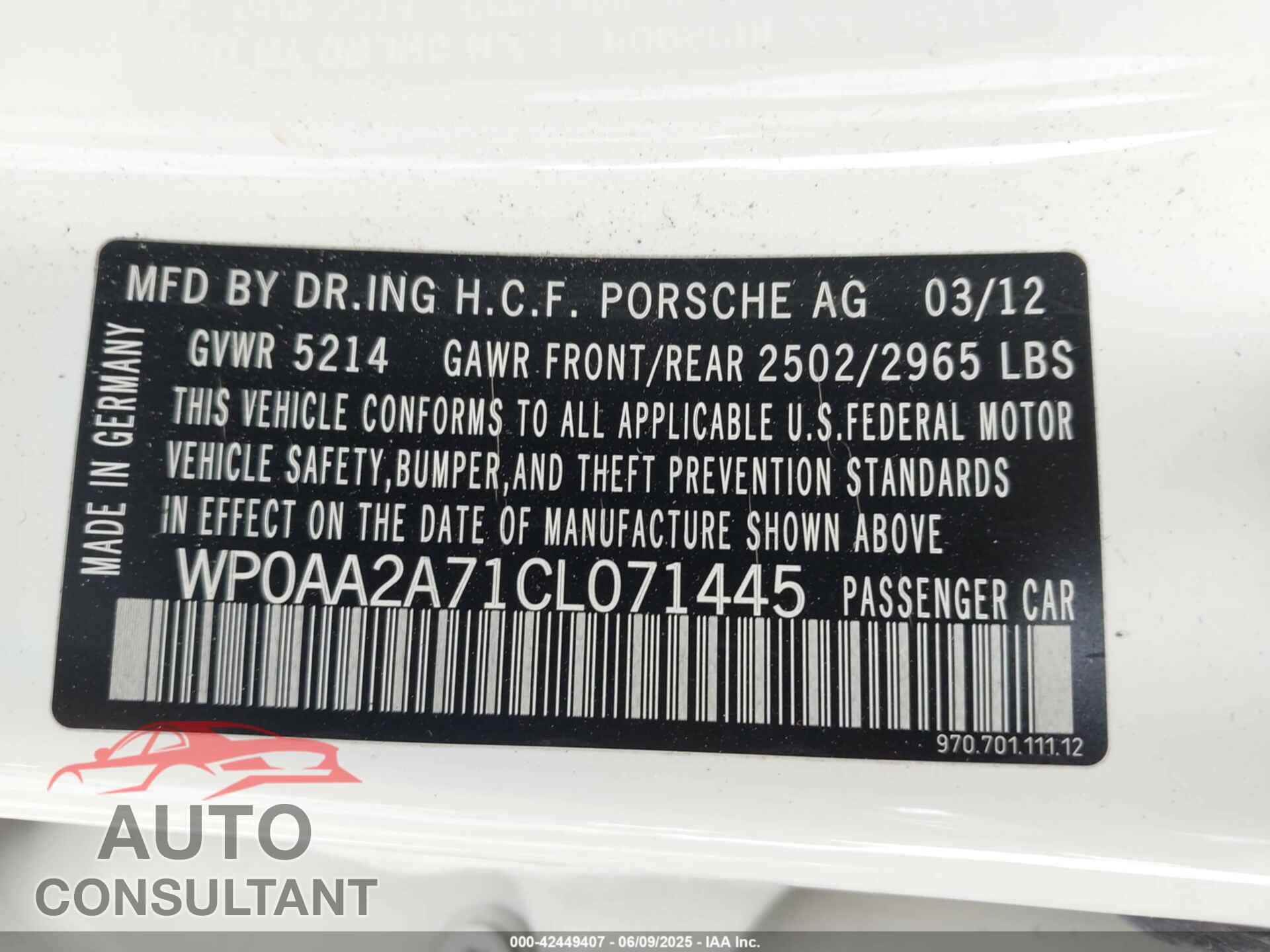 PORSCHE PANAMERA 2012 - WP0AA2A71CL071445