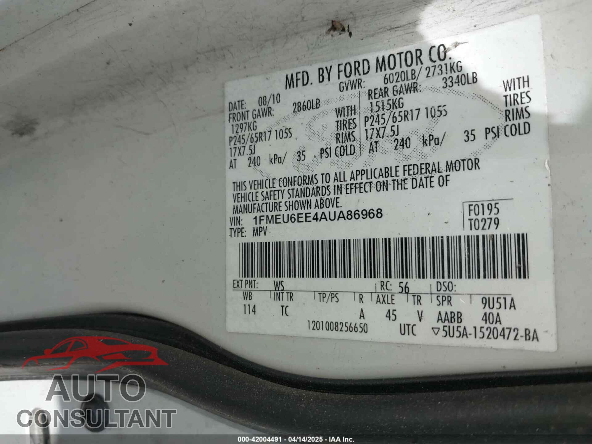 FORD EXPLORER 2010 - 1FMEU6EE4AUA86968