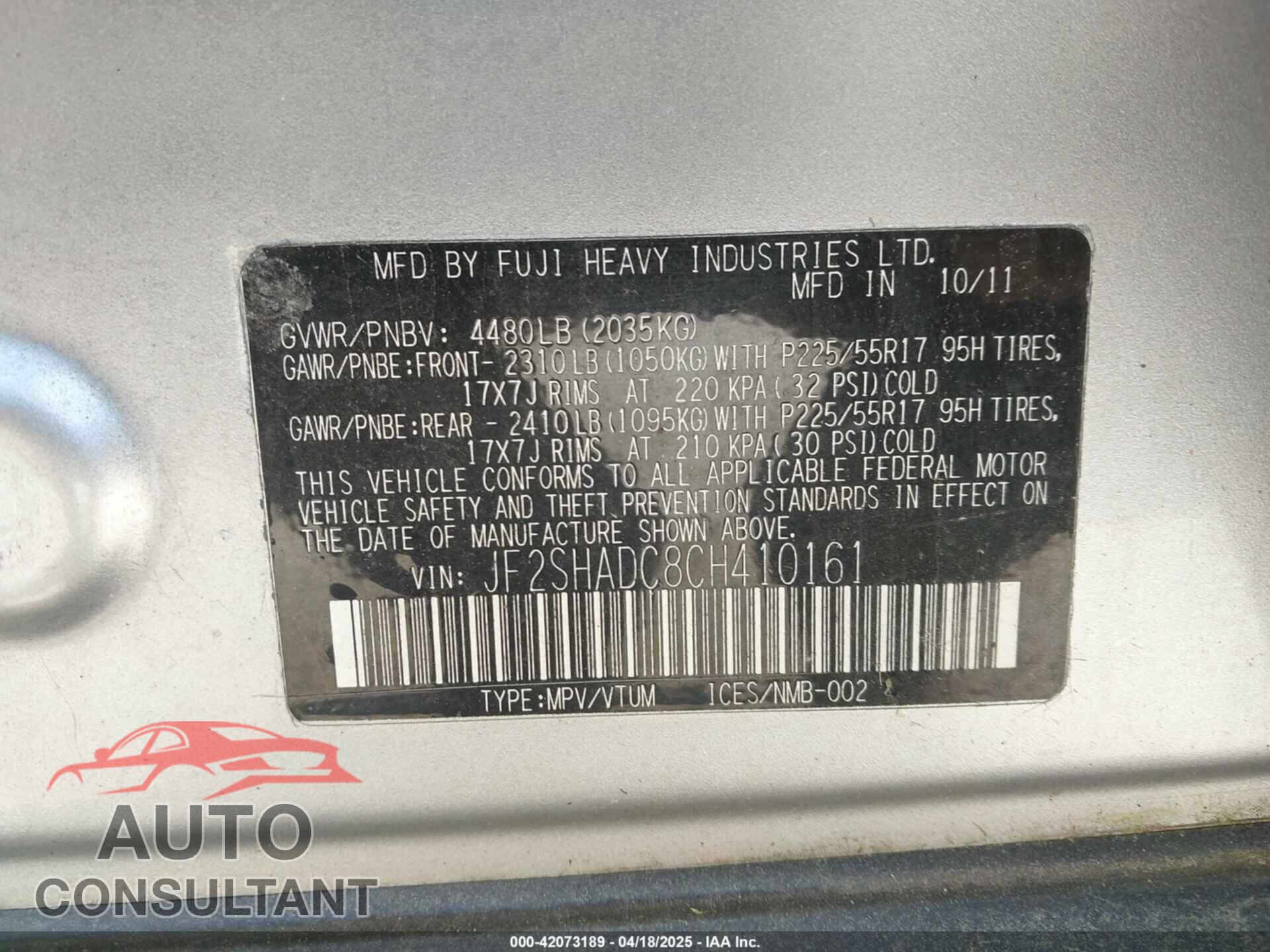 SUBARU FORESTER 2012 - JF2SHADC8CH410161