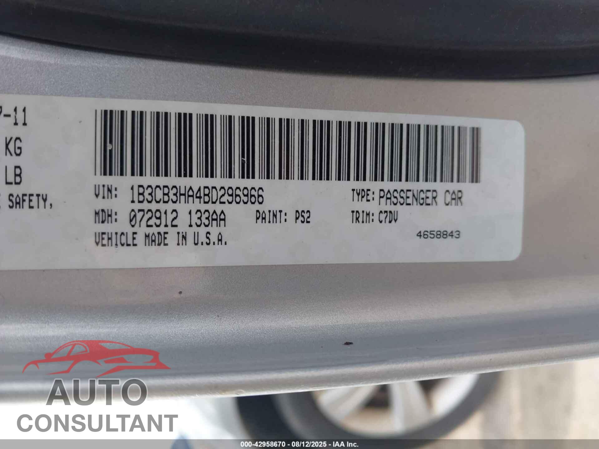 DODGE CALIBER 2011 - 1B3CB3HA4BD296966