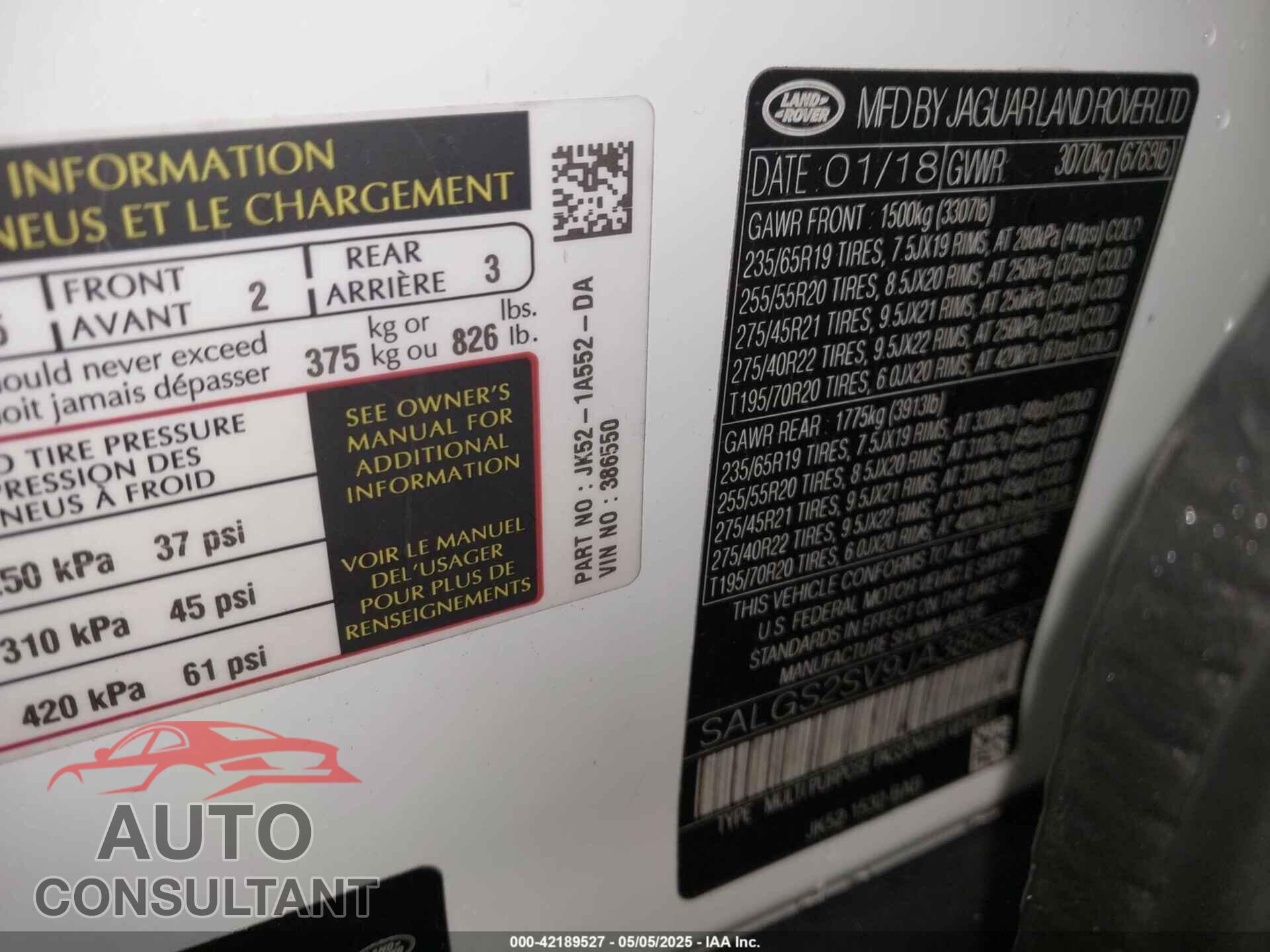 LAND ROVER RANGE ROVER 2018 - SALGS2SV9JA386550