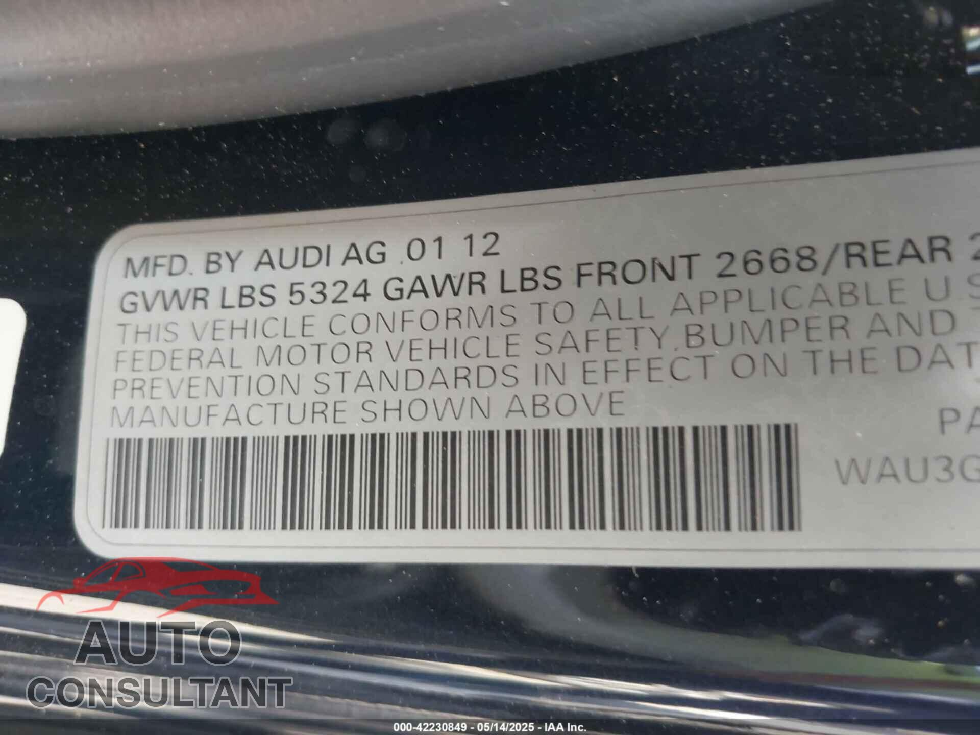 AUDI A7 2012 - WAU3GAFC6CN109762