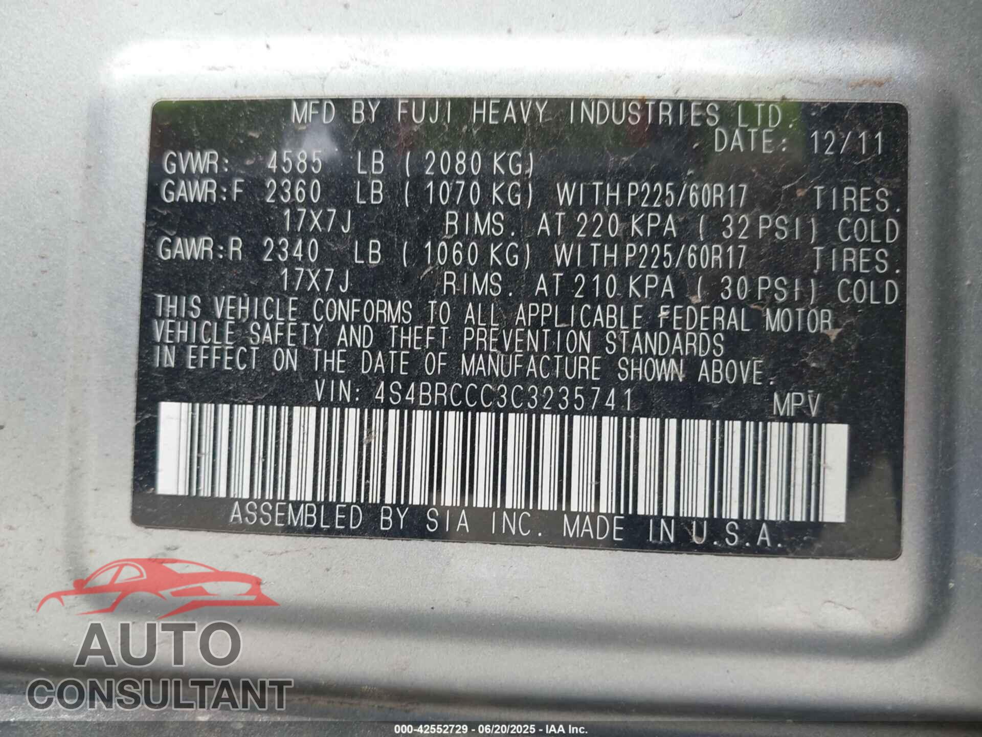 SUBARU OUTBACK 2012 - 4S4BRCCC3C3235741