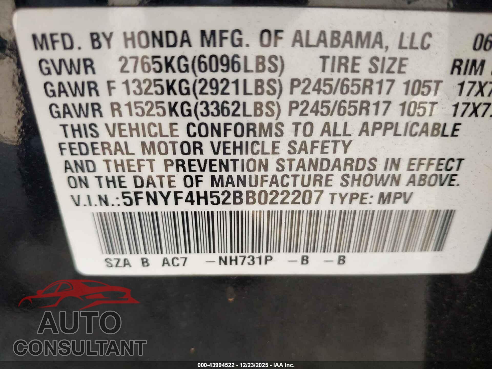 HONDA PILOT 2011 - 5FNYF4H52BB022207