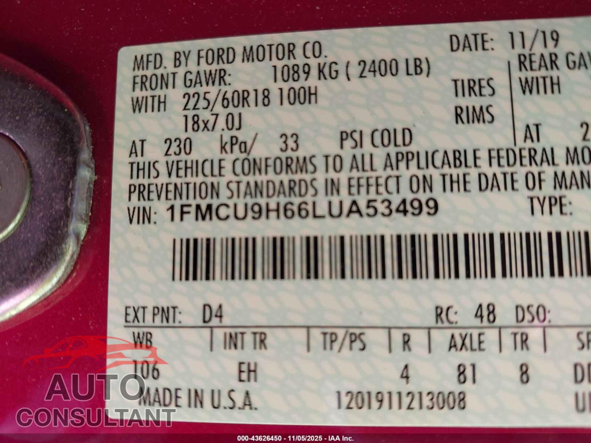 FORD ESCAPE 2020 - 1FMCU9H66LUA53499