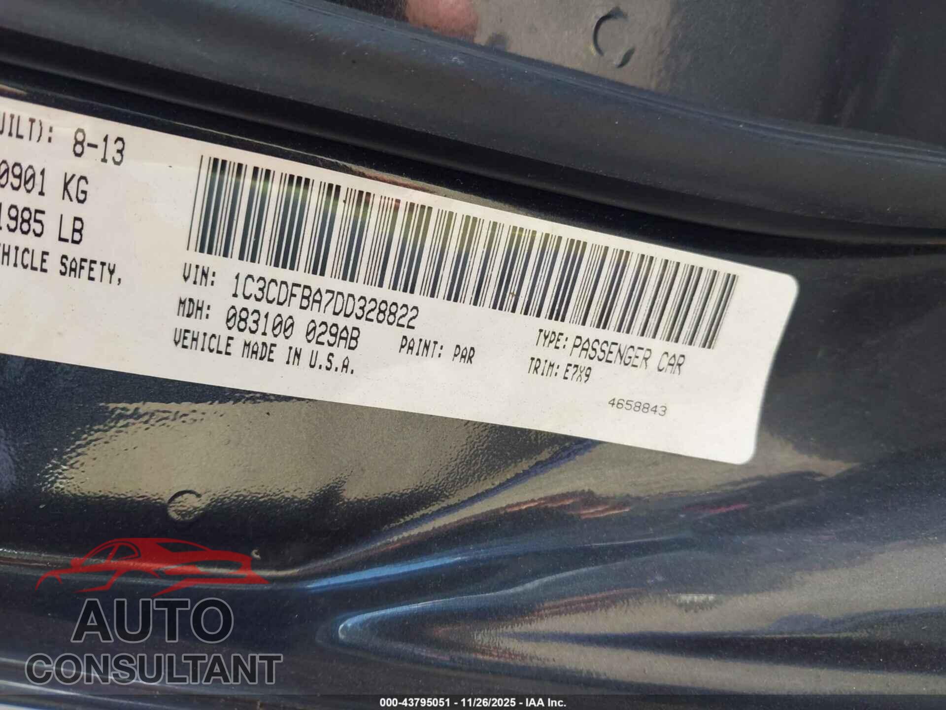 DODGE DART 2013 - 1C3CDFBA7DD328822