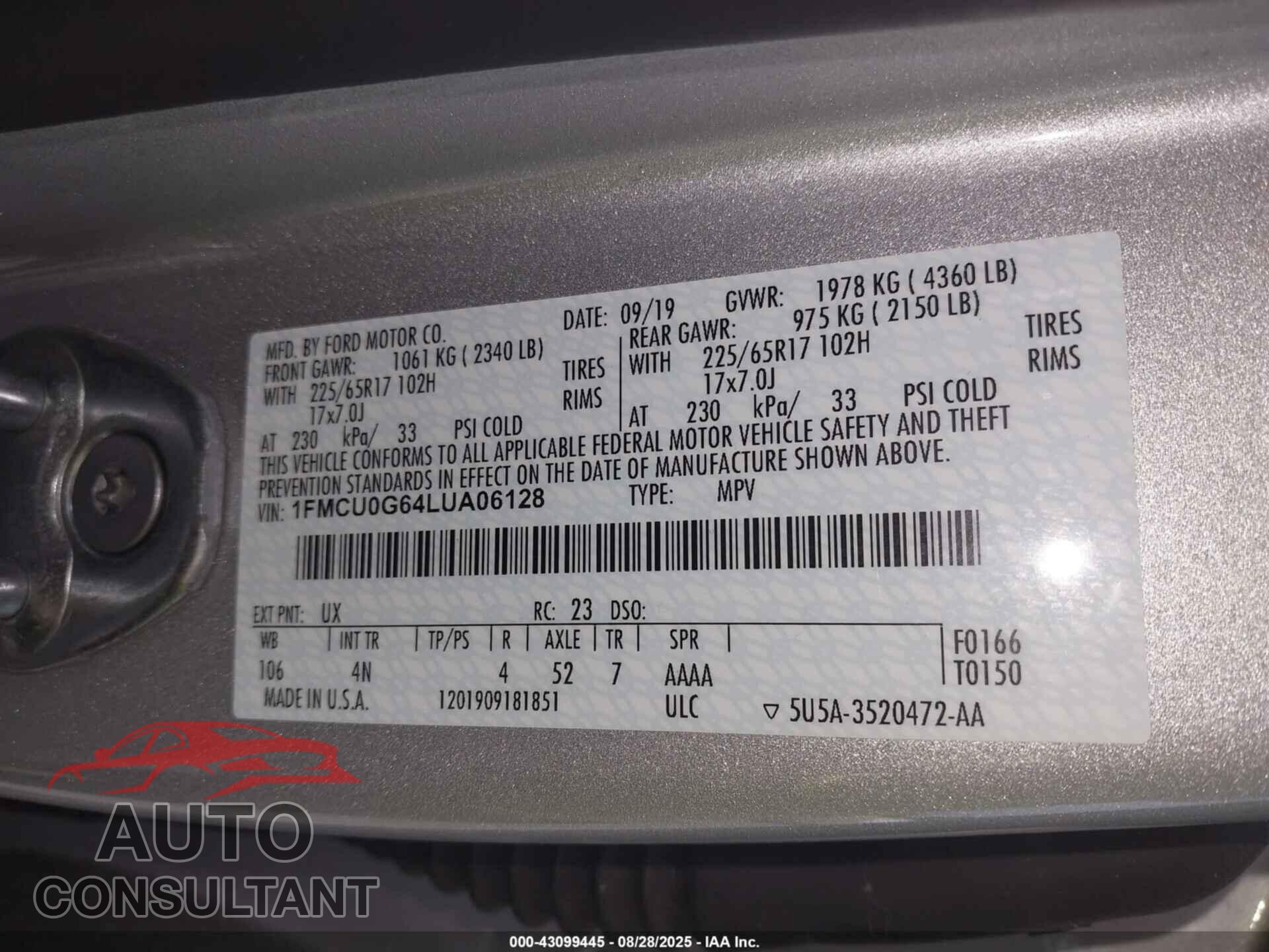 FORD ESCAPE 2020 - 1FMCU0G64LUA06128