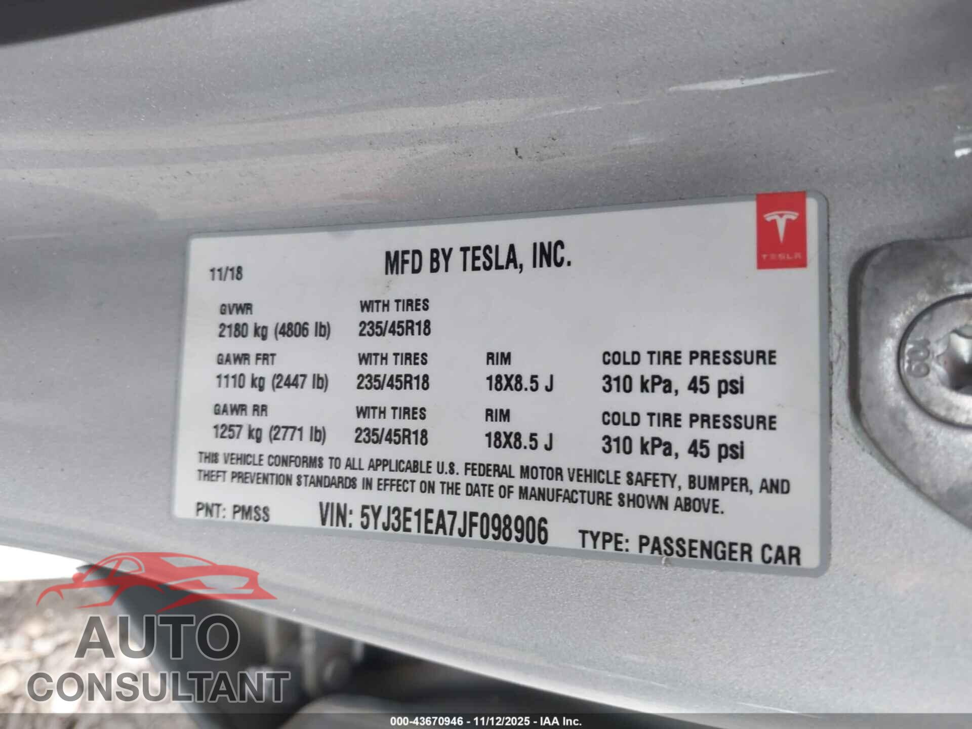 TESLA MODEL 3 2018 - 5YJ3E1EA7JF098906