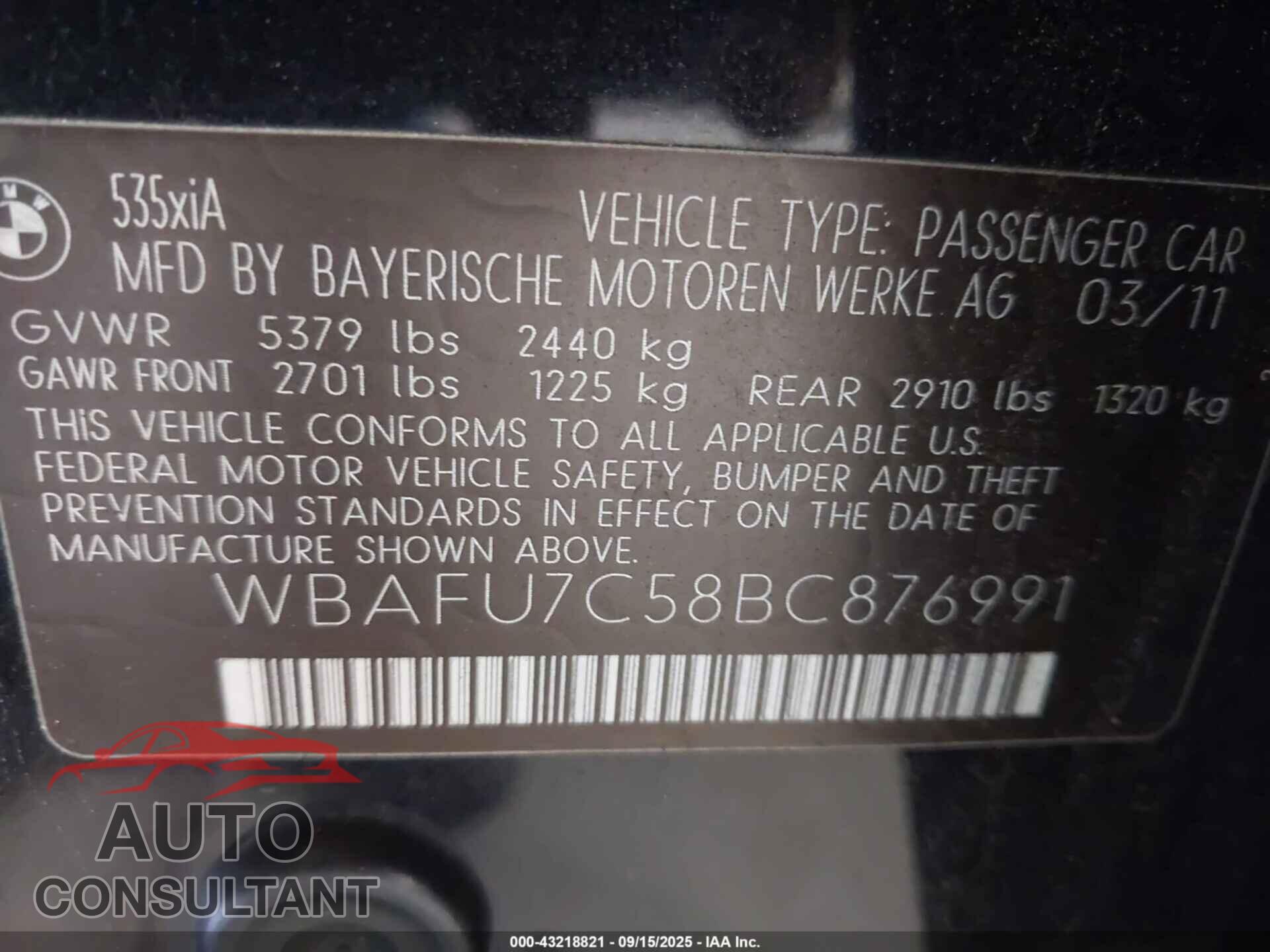 BMW 535I 2011 - WBAFU7C58BC876991