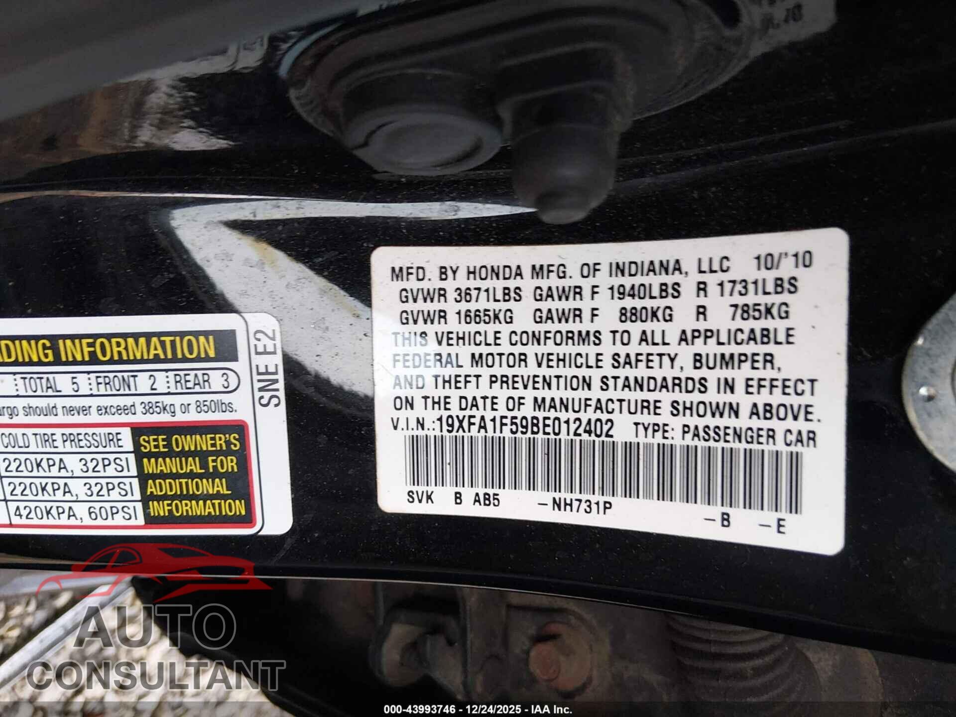 HONDA CIVIC 2011 - 19XFA1F59BE012402