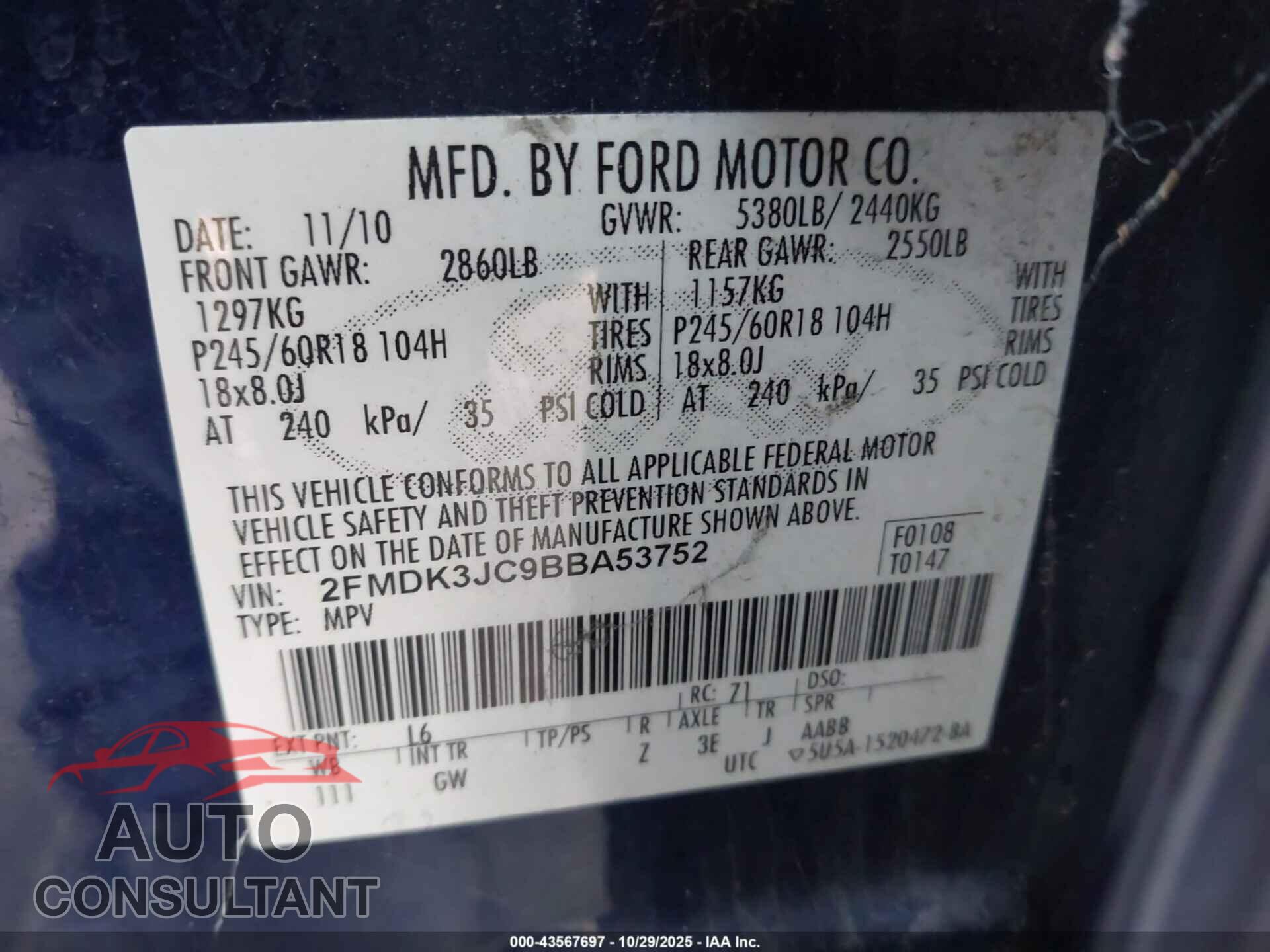FORD EDGE 2011 - 2FMDK3JC9BBA53752