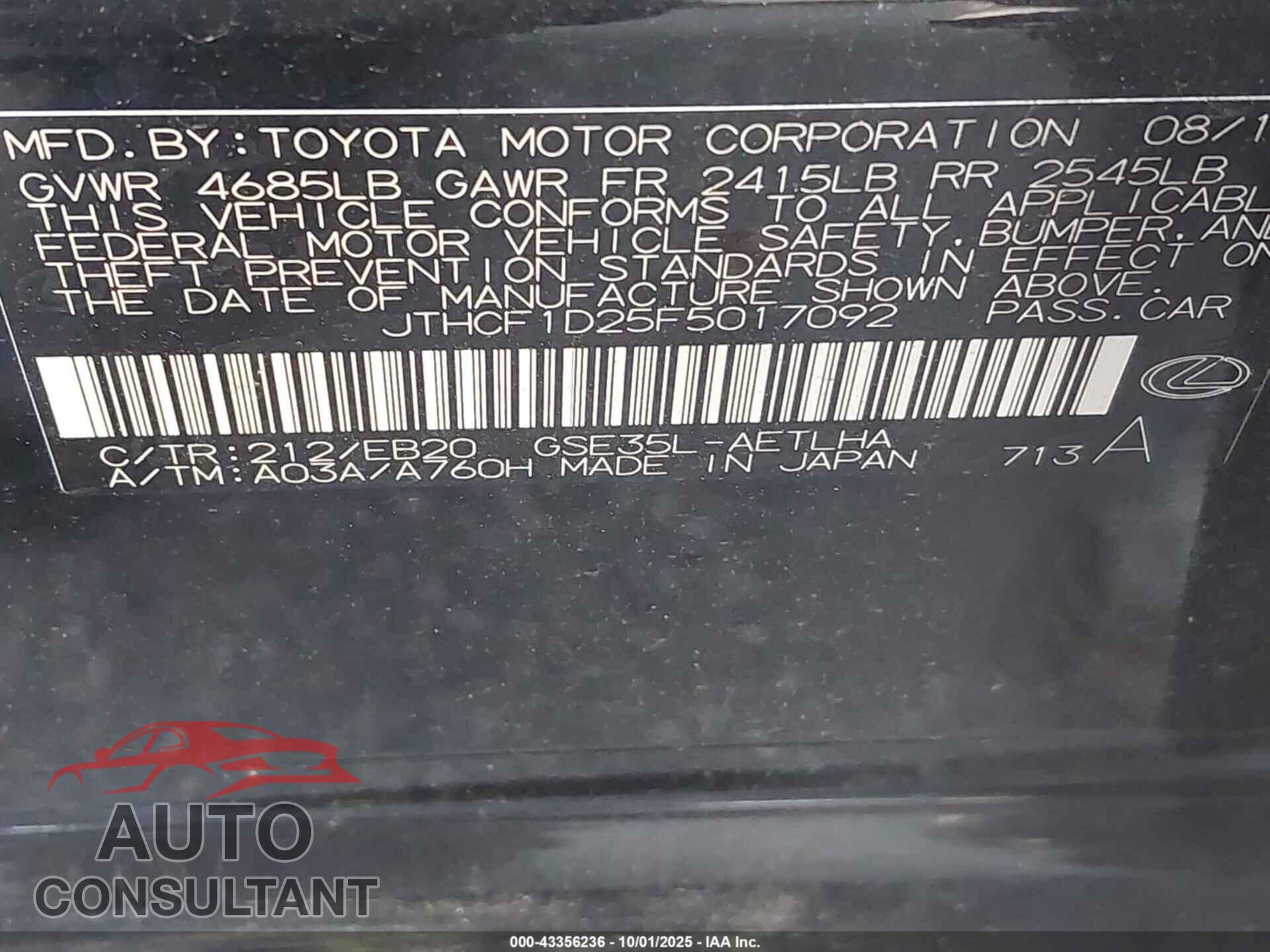 LEXUS IS 250 2015 - JTHCF1D25F5017092