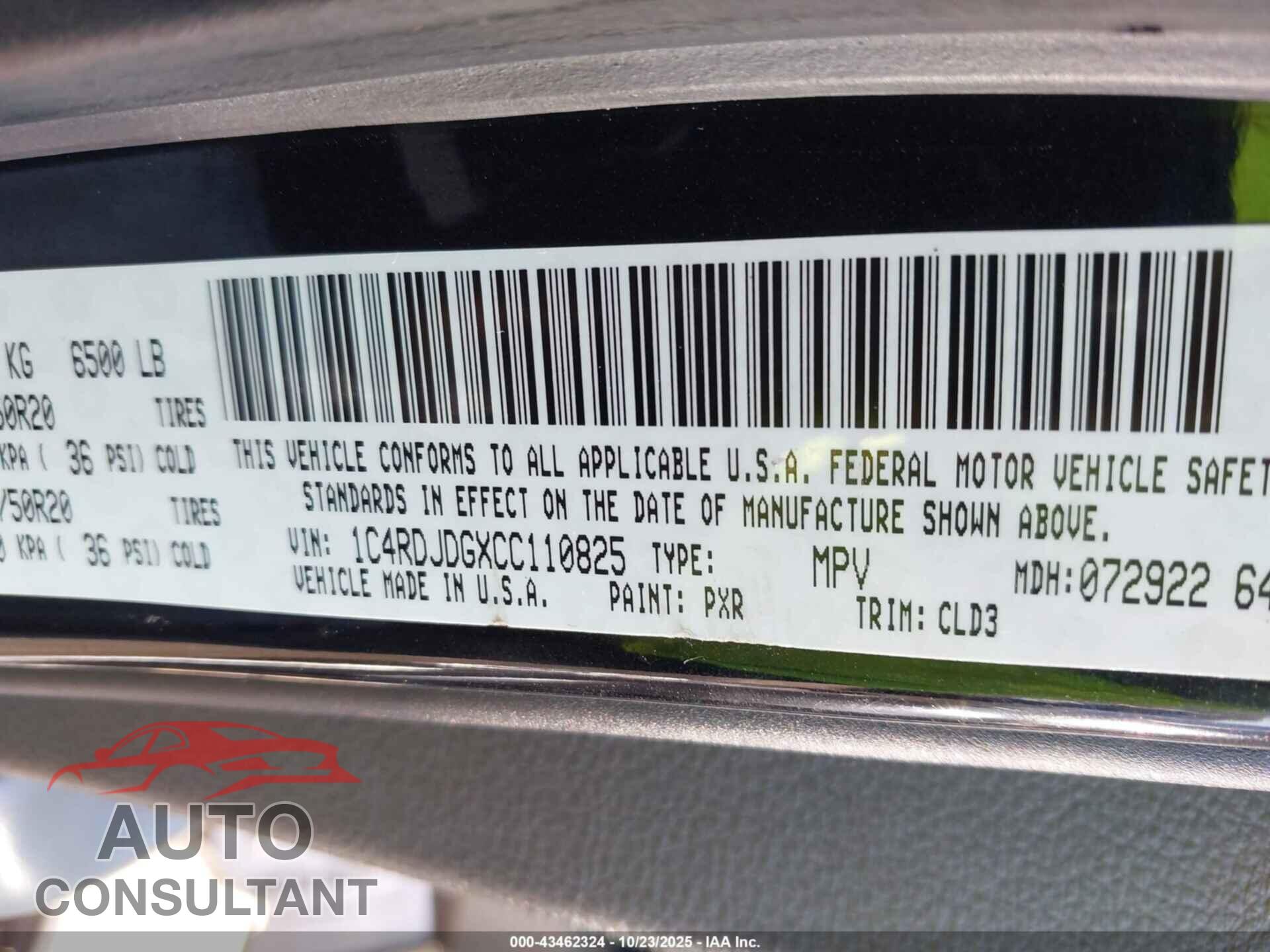 DODGE DURANGO 2012 - 1C4RDJDGXCC110825
