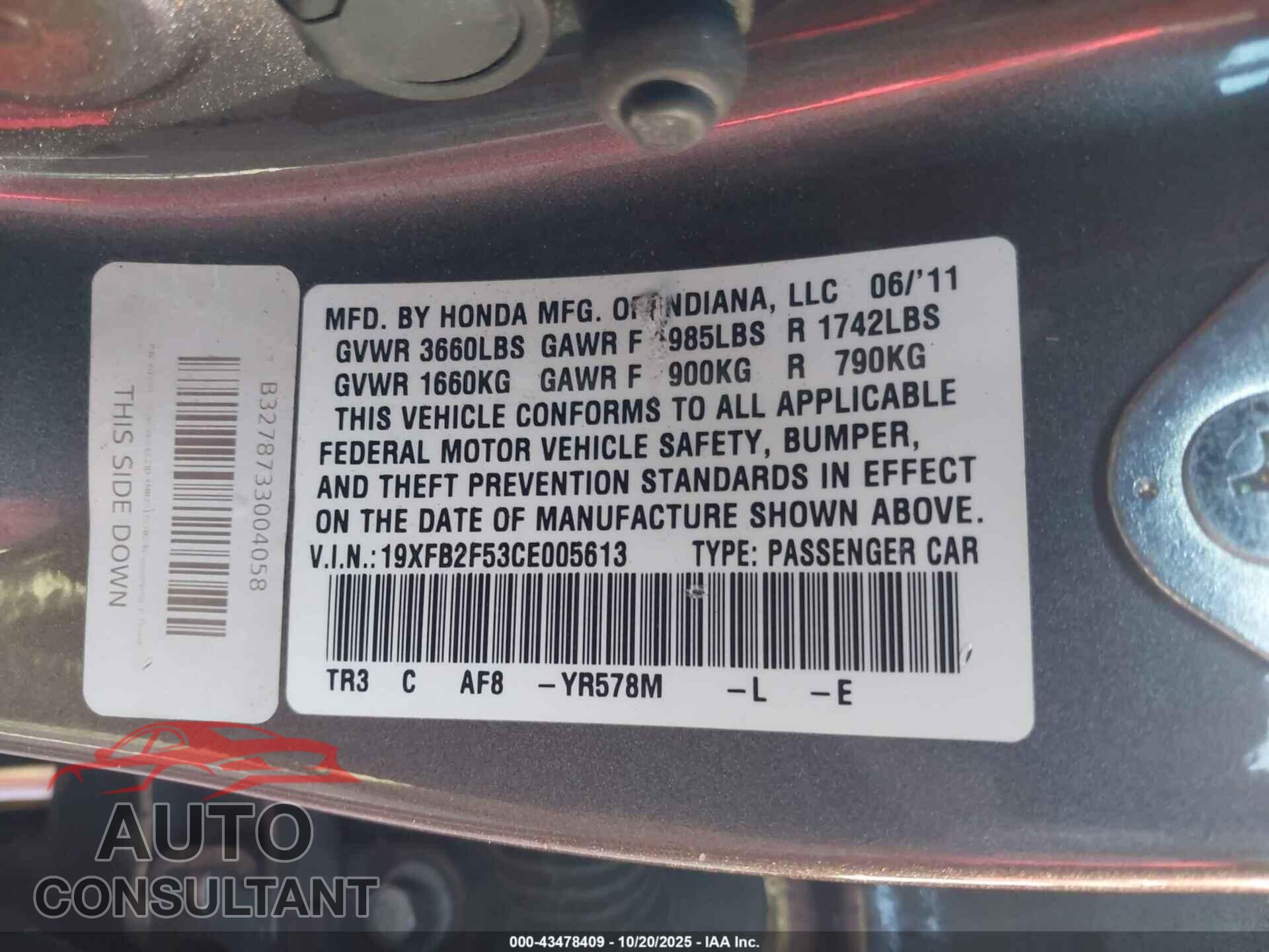 HONDA CIVIC 2012 - 19XFB2F53CE005613