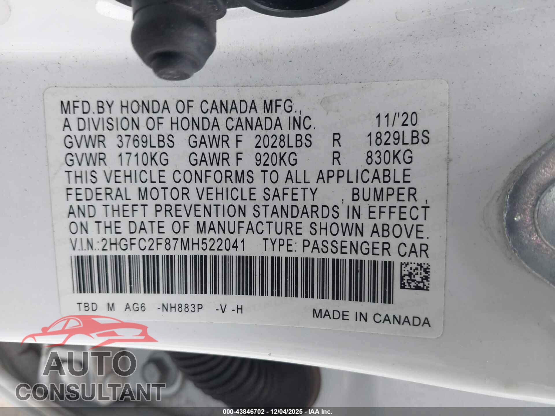 HONDA CIVIC 2021 - 2HGFC2F87MH522041