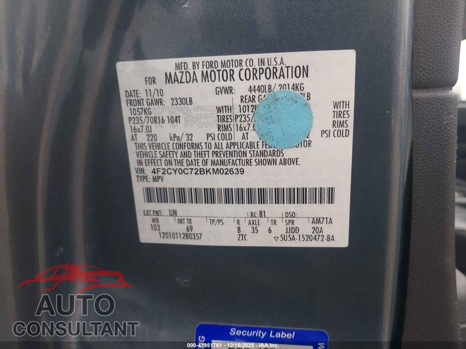 MAZDA TRIBUTE 2011 - 4F2CY0C72BKM02639