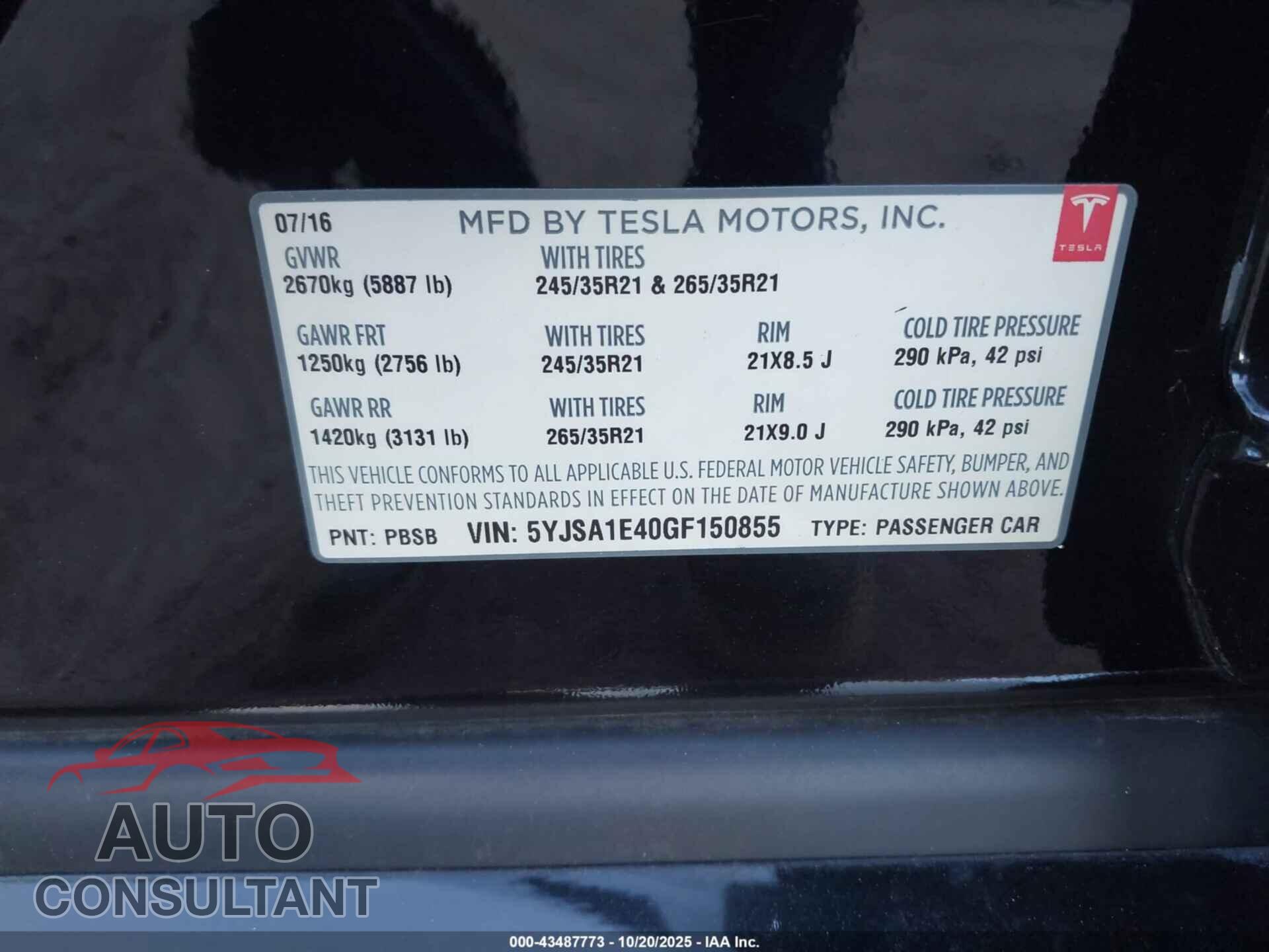 TESLA MODEL S 2016 - 5YJSA1E40GF150855