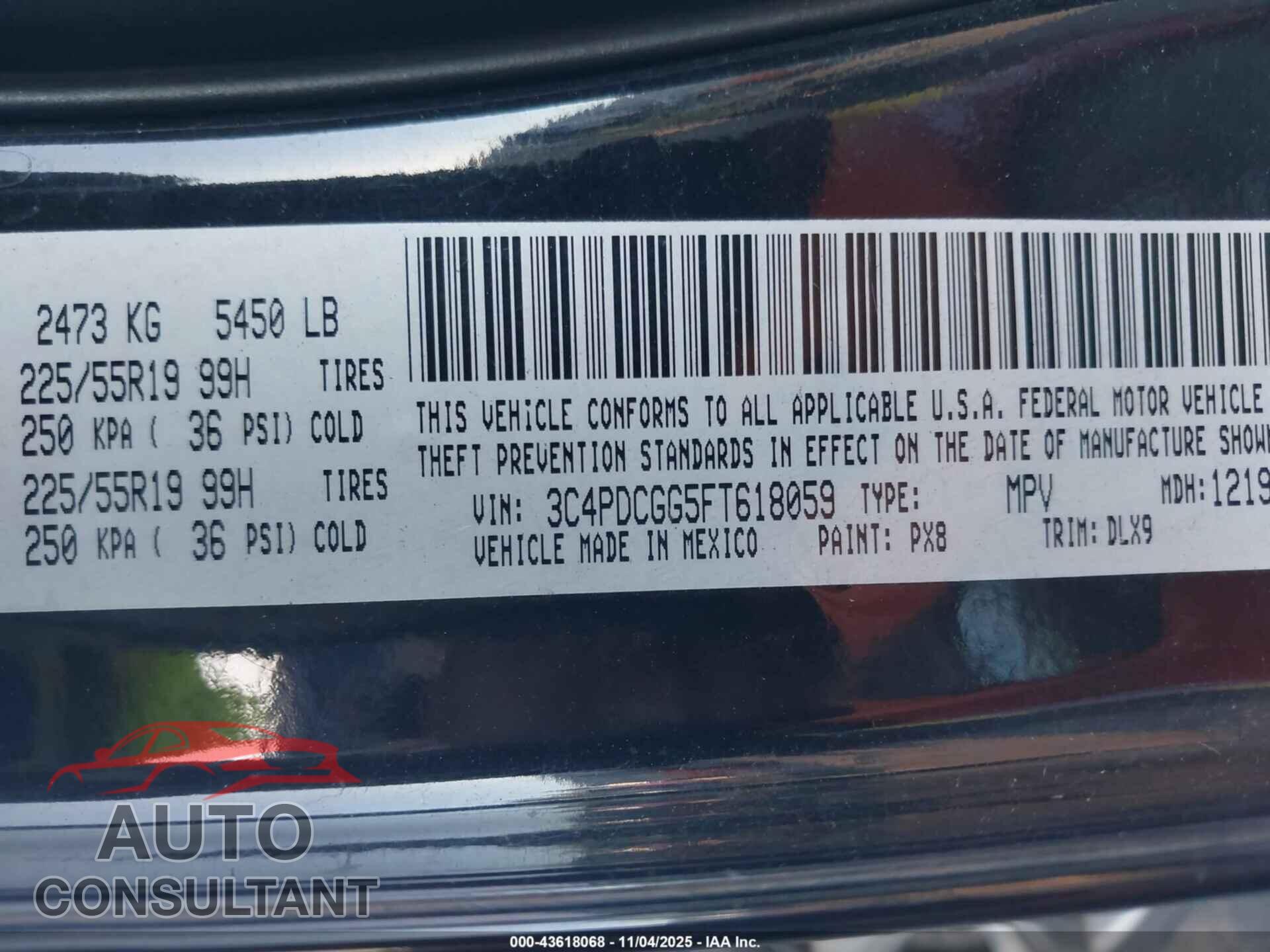 DODGE JOURNEY 2015 - 3C4PDCGG5FT618059