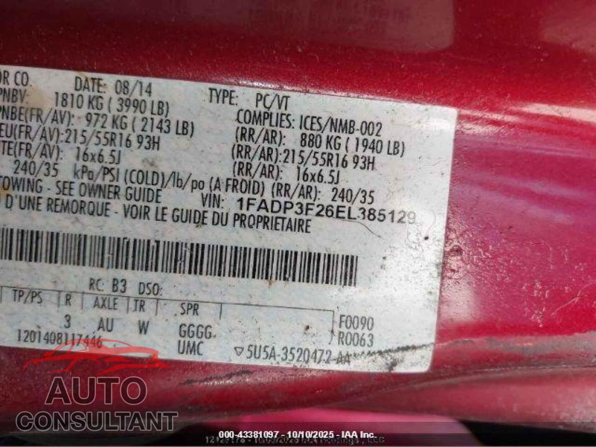 FORD FOCUS 2014 - 1FADP3F26EL385129
