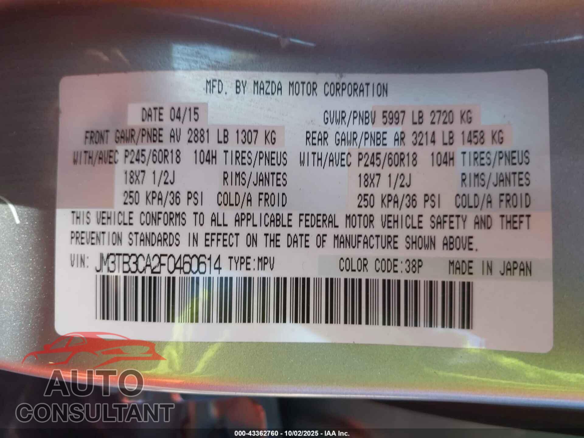 MAZDA CX-9 2015 - JM3TB3CA2F0460614