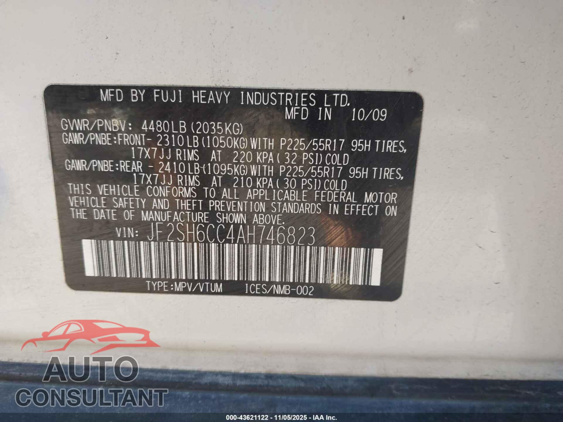 SUBARU FORESTER 2010 - JF2SH6CC4AH746823