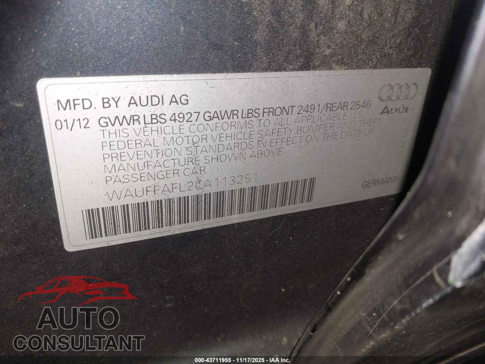AUDI A4 2012 - WAUFFAFL2CA113251