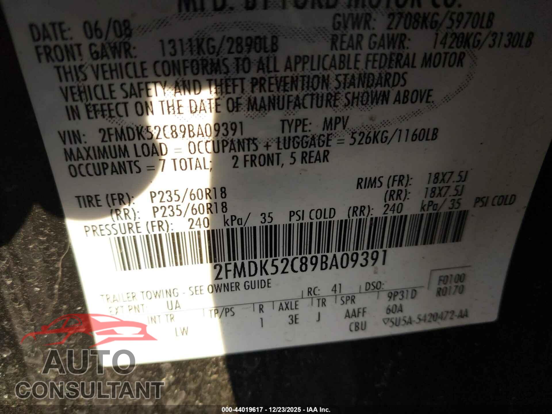 FORD FLEX 2009 - 2FMDK52C89BA09391