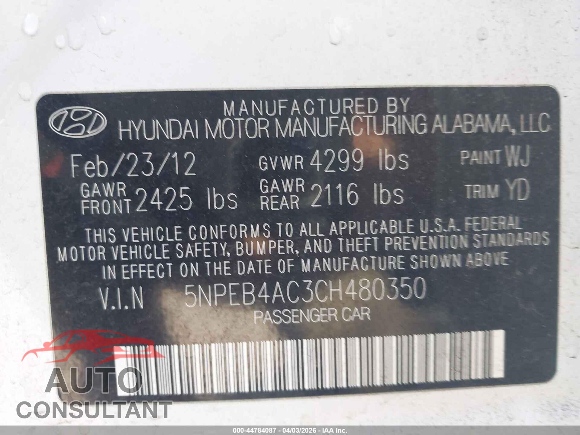 HYUNDAI SONATA 2012 - 5NPEB4AC3CH480350