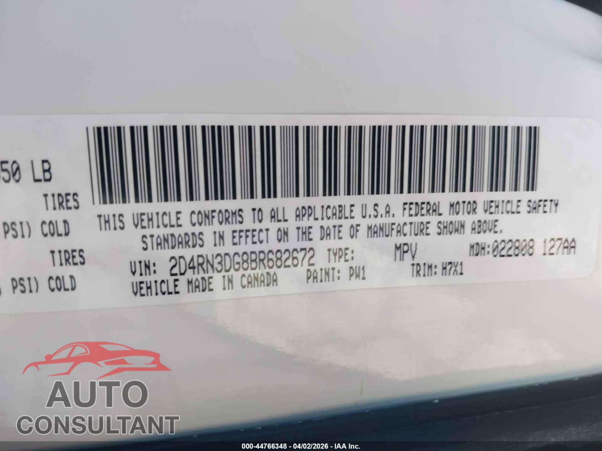 DODGE GRAND CARAVAN 2011 - 2D4RN3DG8BR682672