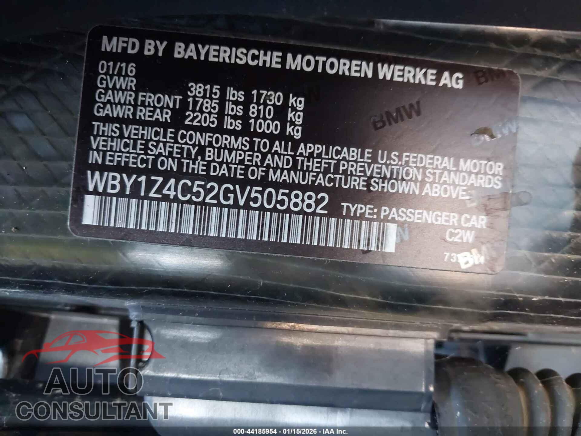 BMW I3 2016 - WBY1Z4C52GV505882
