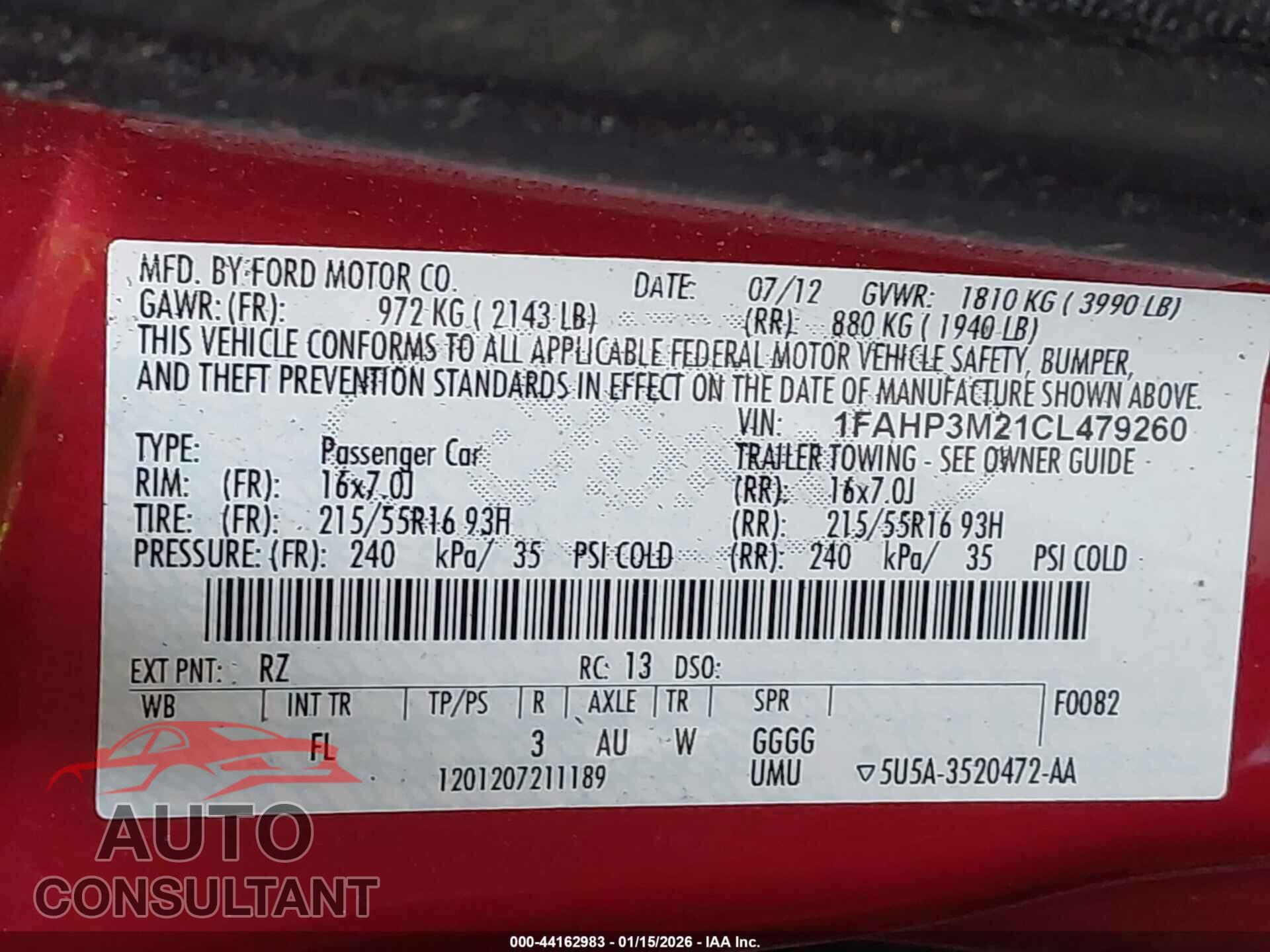 FORD FOCUS 2012 - 1FAHP3M21CL479260