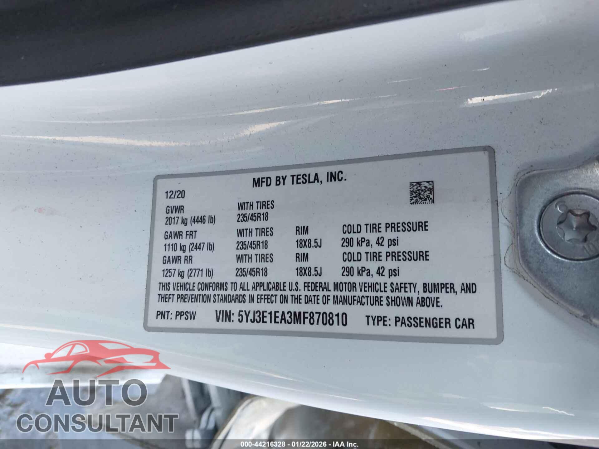 TESLA MODEL 3 2021 - 5YJ3E1EA3MF870810