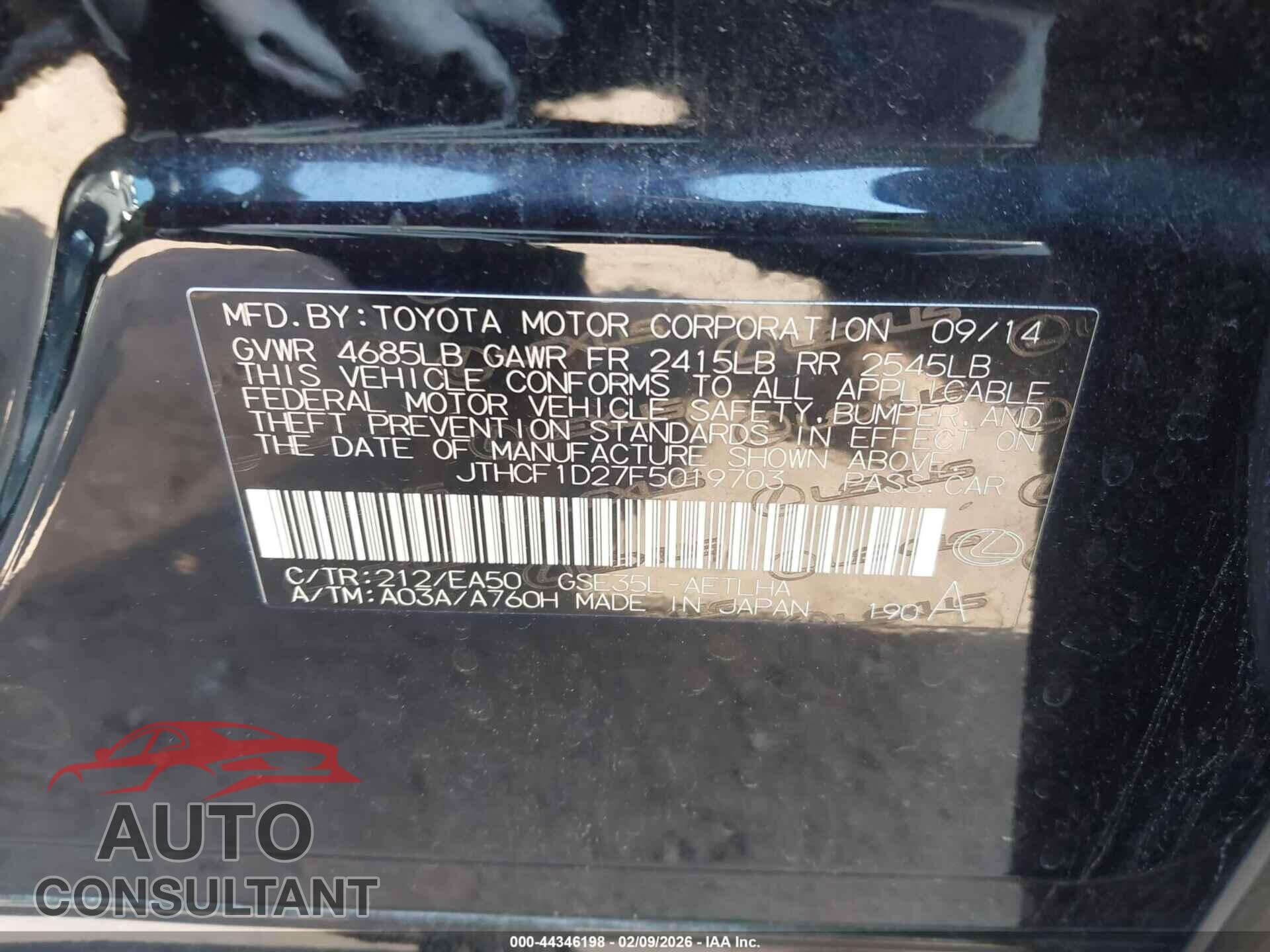 LEXUS IS 250 2015 - JTHCF1D27F5019703
