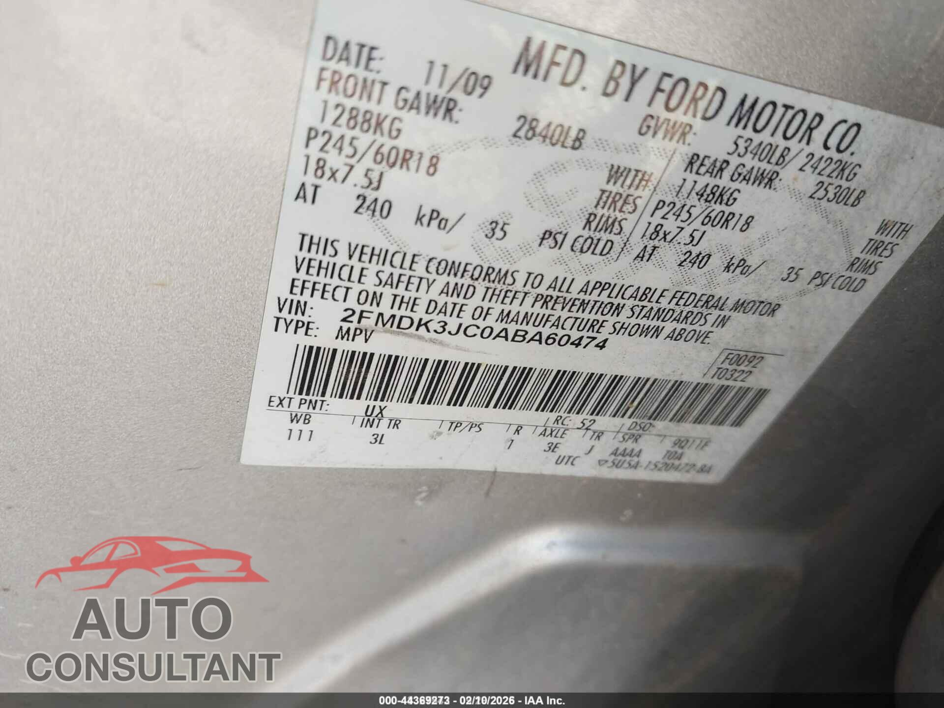 FORD EDGE 2010 - 2FMDK3JC0ABA60474