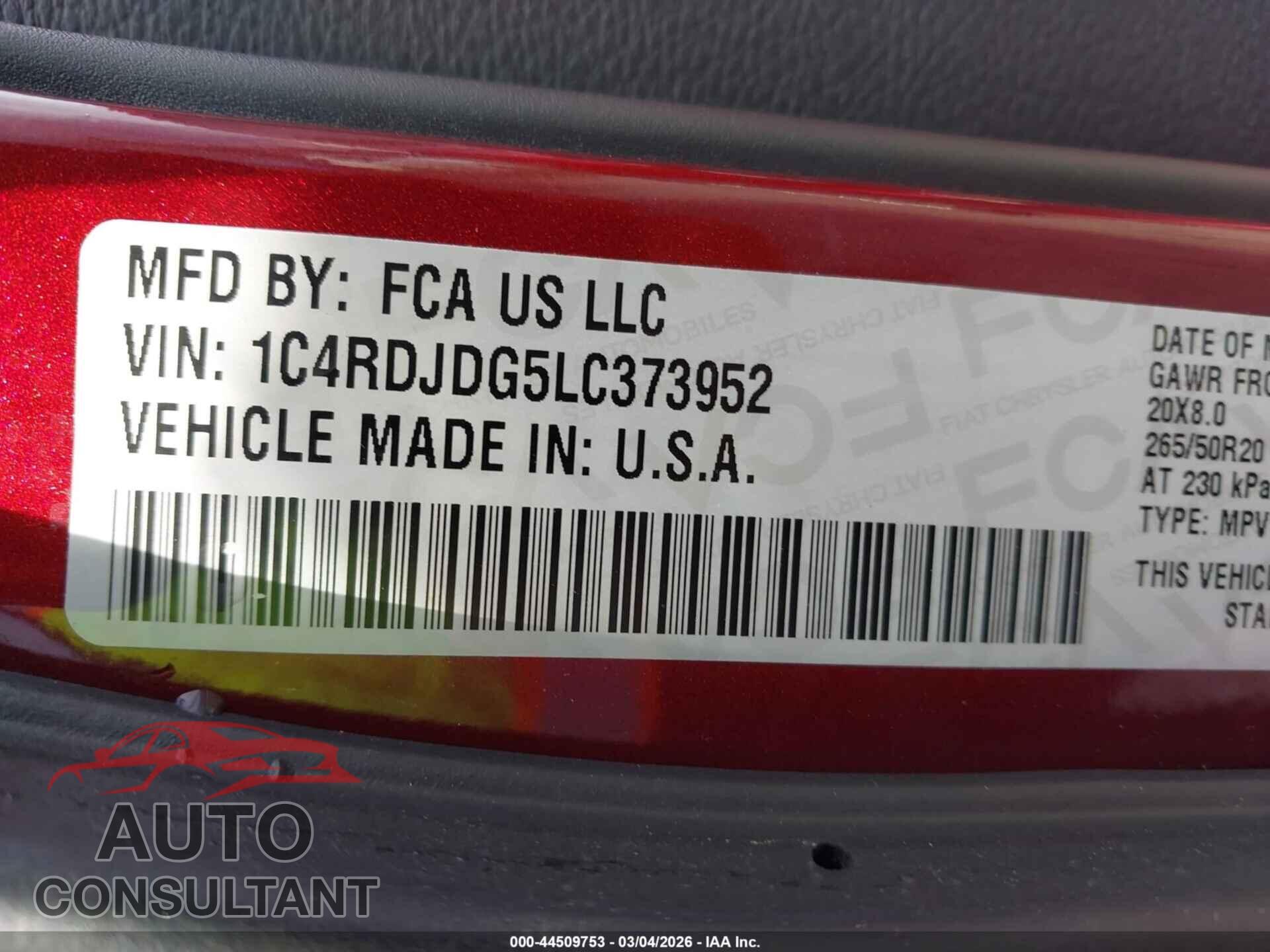 DODGE DURANGO 2020 - 1C4RDJDG5LC373952