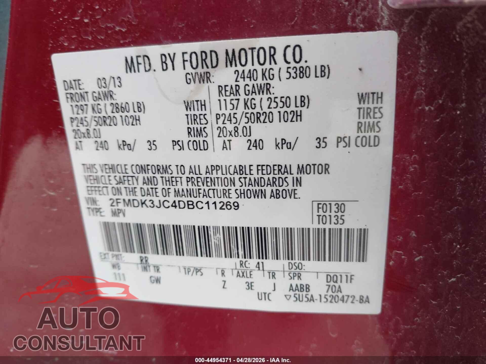 FORD EDGE 2013 - 2FMDK3JC4DBC11269